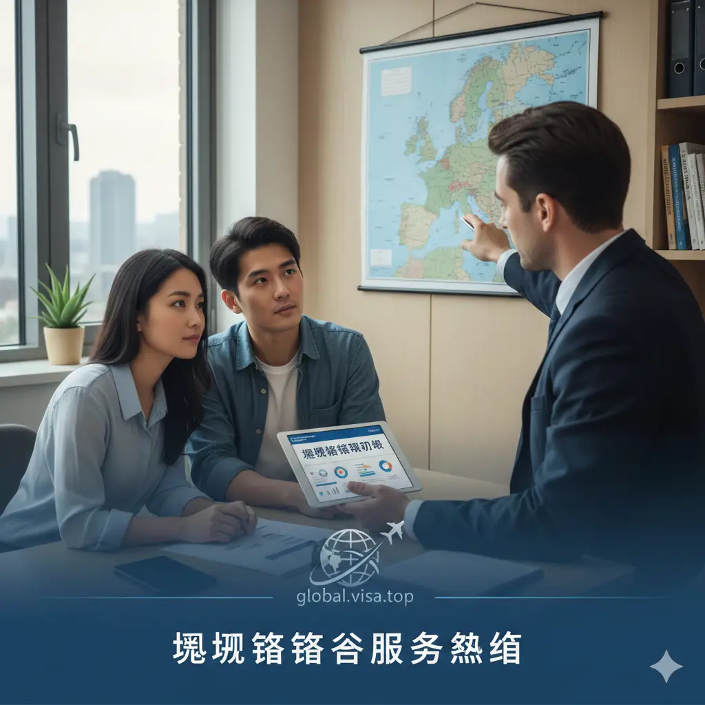 总结性视觉图片,体现global-visa.top的专业咨询服务。画面展示一位专业的顾问正在向一对申请人展示挪威地图和入籍规划方案。背景是一个充满北欧设计感的办公室。画面下方半透明遮罩层可以隐约看到全球签证服务的logo元素。构图稳重,色彩沉稳,旨在增强读者的信任感并引导其点击咨询。