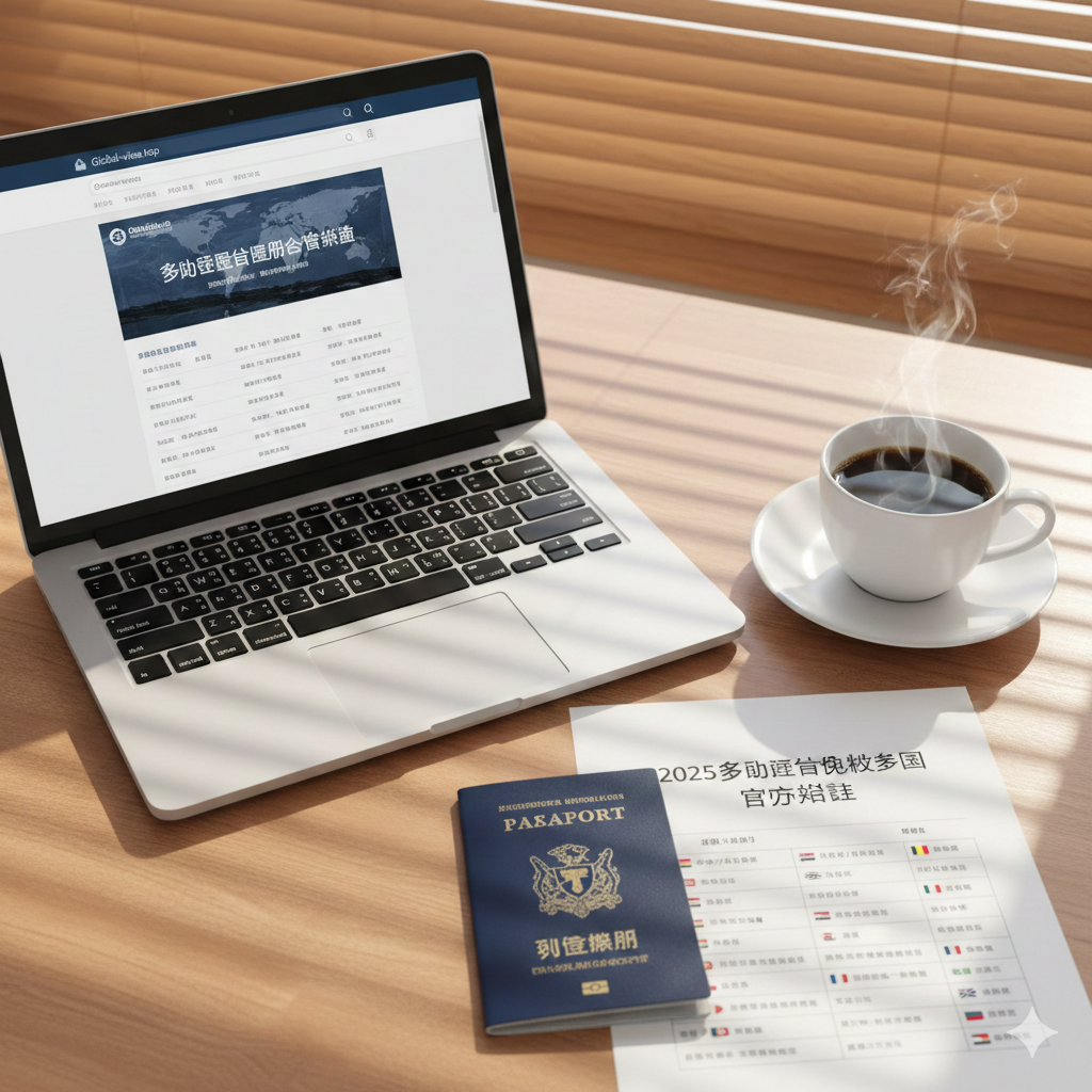 一张专业的商务办公场景图，视角为第一人称俯视。干净的实木桌面上整齐摆放着一台显示着Global-visa.top网页的笔记本电脑、一杯咖啡、一本多米尼克护照以及一份打印好的《2025官方指南》文件。阳光透过百叶窗洒在桌面上，营造出温暖、可信赖的氛围，象征着专业咨询服务的结束与新旅程的基本开始。