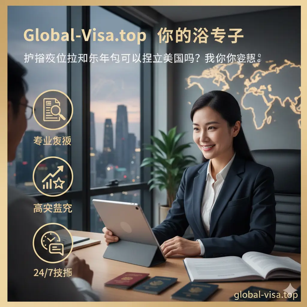 展示Global-Visa.top品牌优势的图片。画面中一位专业的签证顾问正在与客户进行视频咨询，背景是充满现代感的办公环境和世界地图。画面中叠加了代表‘专业复核’、‘高成功率’和‘24/7支持’的极简图标。光线柔和，色彩温润，营造出一种值得信赖、解决疑难杂症的专家形象，体现品牌差异化优势。