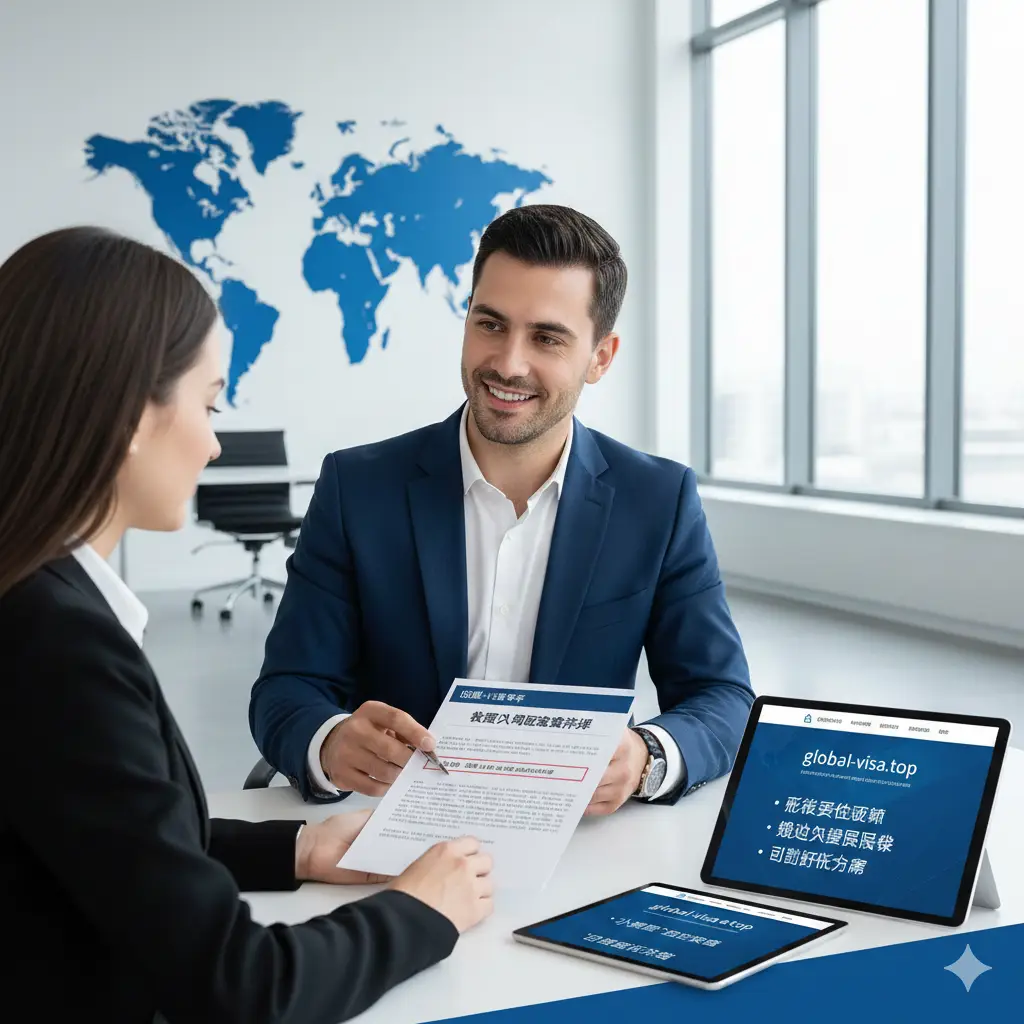 体现global-visa.top专业优势的视觉图片。画面展现一名穿着得体的签证顾问正在向客户展示一份墨西哥入境文件。背景是现代化的办公环境，带有全球地图的艺术装饰。光影通透，色彩以信任蓝和纯白色为主。通过顾问自信的微笑和专业的手势，强调平台在规避‘小黑屋’风险、解析政策变动方面的权威性和可靠服务优势。