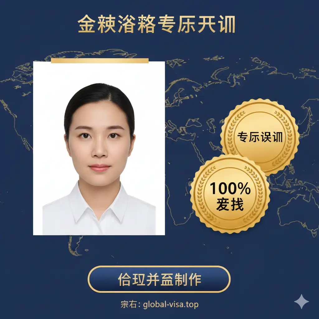 总结性图片，展示一张已经处理好的标准证件照，旁边盖有‘Expert Certified’（专家认证）和‘100% Acceptable’（100%接收）的金色印章。背景隐约可见全球地图轮廓，象征全球通用。画面底部有一个醒目的行动呼吁按钮视觉元素，文字为‘立即开始制作’。整体风格沉稳、权威，使用深蓝色和金色的色彩组合，增强用户对Global Visa站点的信任感。