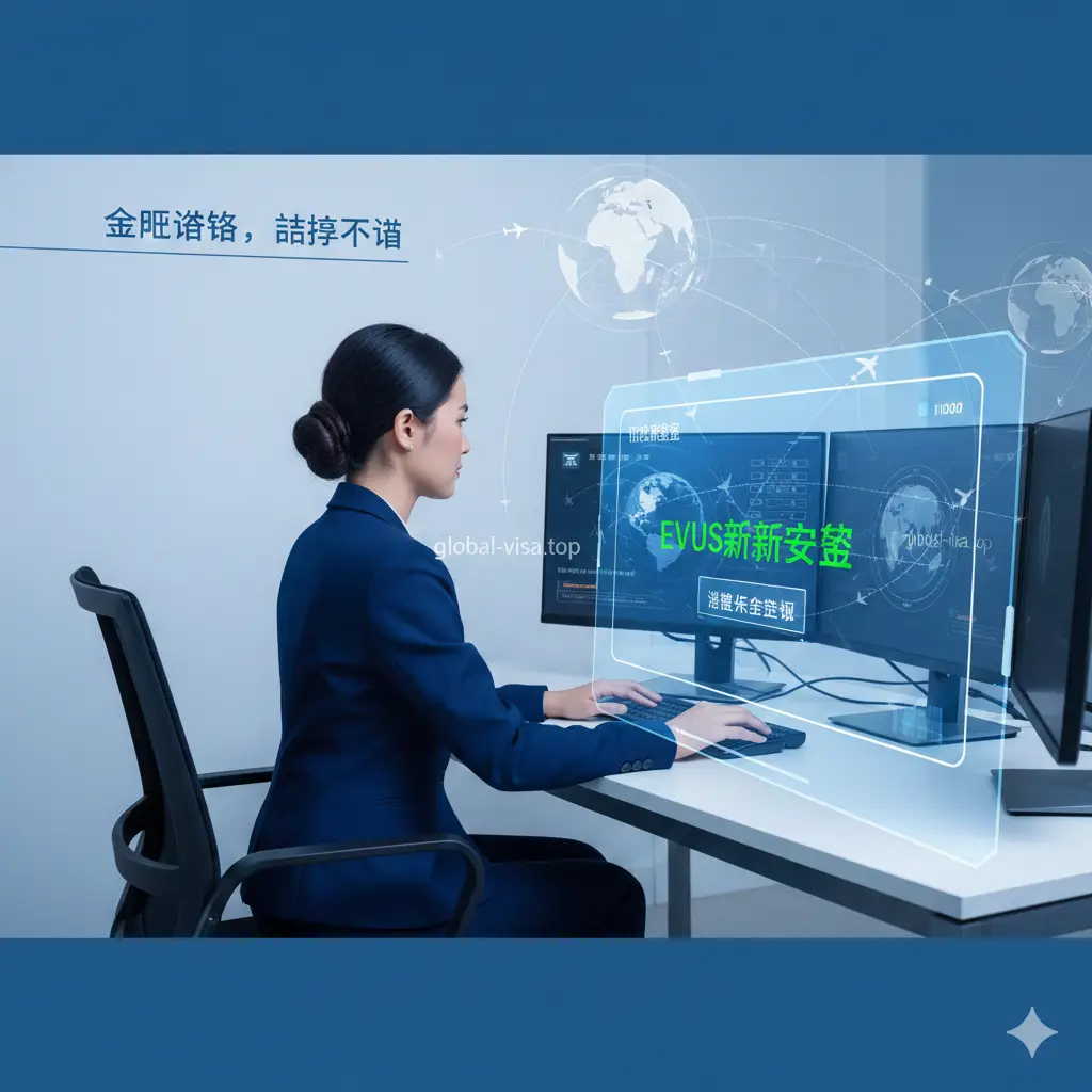 商务科技风格的合成图片，前景是一个悬浮的半透明全息界面，显示着‘EVUS更新成功’和‘签证状态确认’的绿色字样。背景是一位穿着职业装的签证顾问正在专注地操作电脑，代表global-visa.top的专业人工服务。画面融入地球仪和飞机航线的元素，传递出高效、精准、全球通行的品牌优势，色彩以科技蓝和纯净白为主。