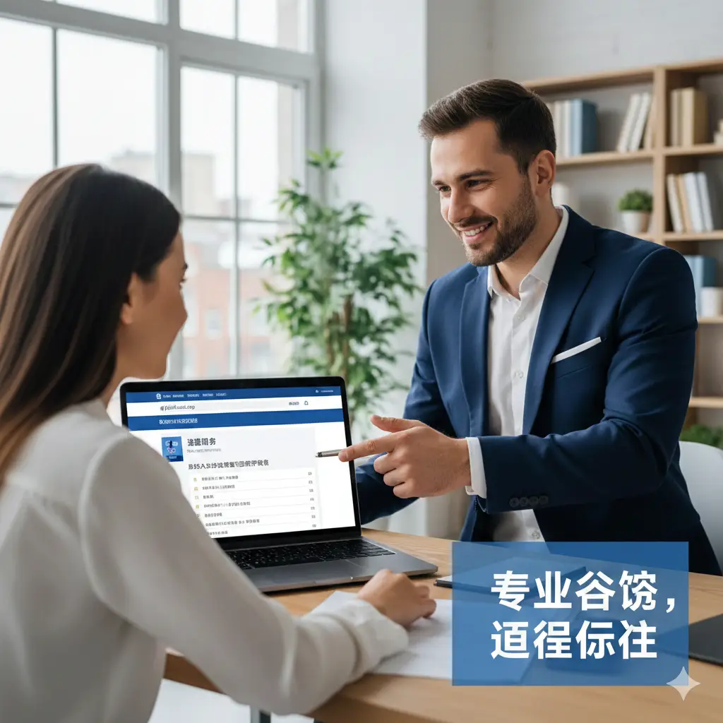 一张体现专业服务与信任感的总结图片。画面展示一位穿着商务装的专业顾问（面带微笑）正在通过笔记本电脑屏幕向客户展示global-visa.top的网页界面或文件清单，背景是明亮现代的办公室环境。电脑屏幕上隐约可见'Visa Support'字样，整体色调以网站品牌蓝白色为主，传递出高效、可靠的服务理念，引导用户寻求专业代办协助。