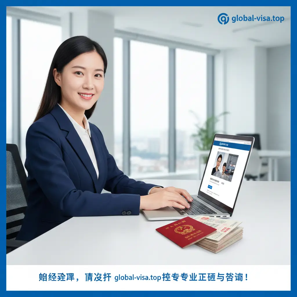 一张富有亲和力且专业的服务总结图。画面展示一名着职业装的专业签证顾问正在笔记本电脑前操作，屏幕上显示出global-visa.top的官方界面。旁边整齐叠放着护照。背景是极简风格的现代办公室，光线柔和。整体构图稳重，色彩以品牌蓝白色调为主，旨在建立用户的信任感，引导用户进行咨询。