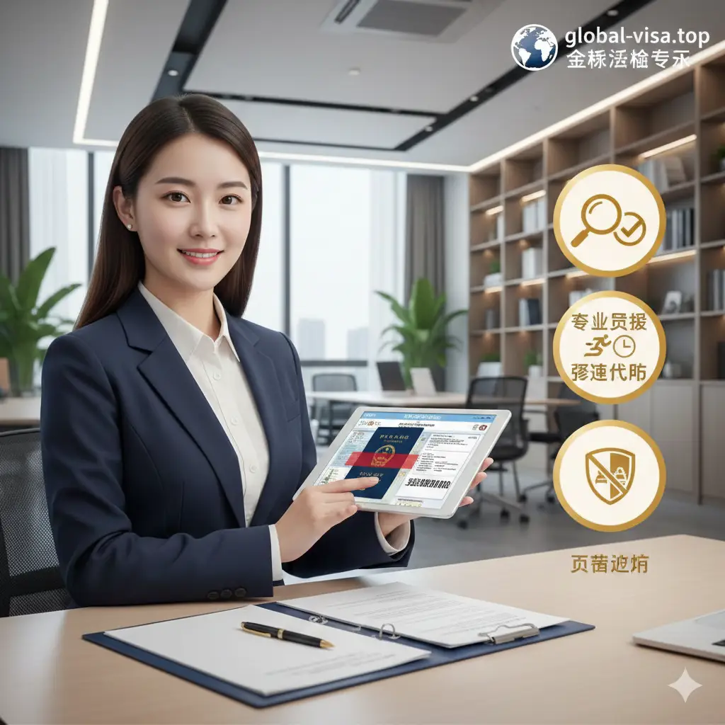 一张展现专业服务优势的意象图。画面左侧是一位穿着专业商务装、面带微笑的签证顾问正在使用平板电脑操作，背景是简洁的现代办公空间。右侧列出三个优势图标：专业审核、极速代办、零错避坑。图片嵌入global-visa.top的品牌Logo。色彩温暖，给人以信任感和安全感，体现机构在解决美签复杂问题上的专业深度。