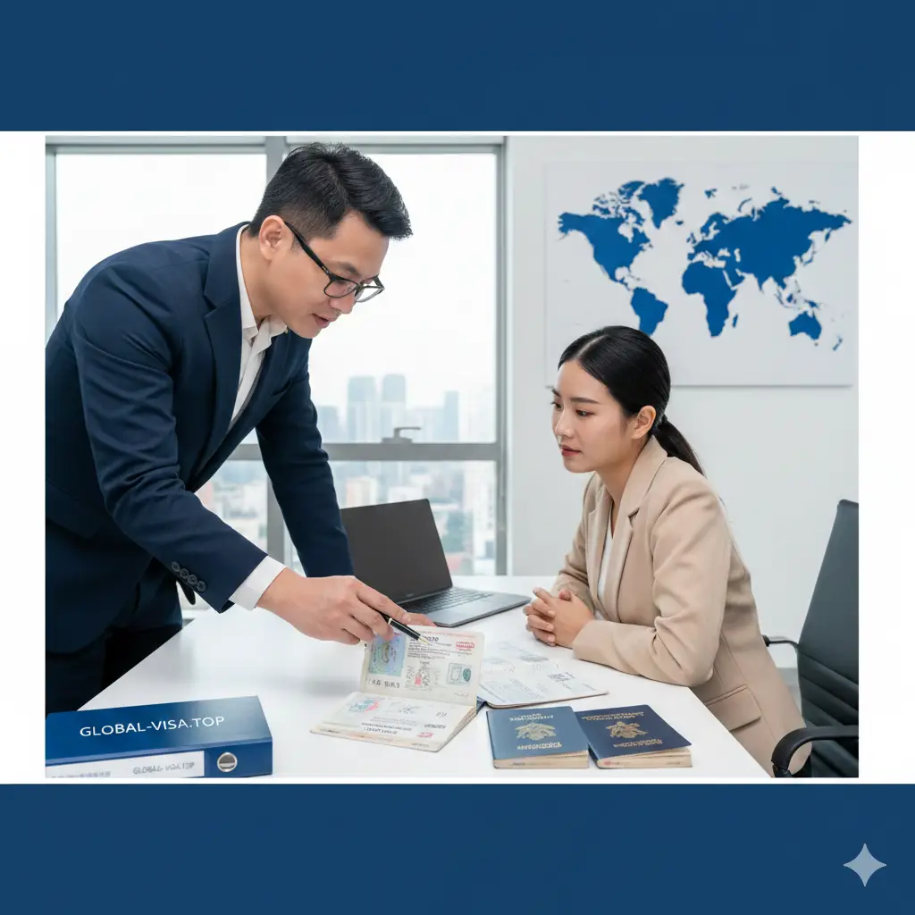 展示Global-Visa专业优势的形象图。画面中一位身着商务正装的专家正在为客户分析多本护照上的签证信息（如美签、申根签）。背景是明亮的现代化办公室，墙上有世界地图装饰。色彩以品牌蓝和专业白为主，构图聚焦在专家指出的签证细节上。通过这种专业的沟通场景，体现出品牌在处理复杂签证转移、EVUS更新等疑难杂症上的核心竞争力和专业深度。