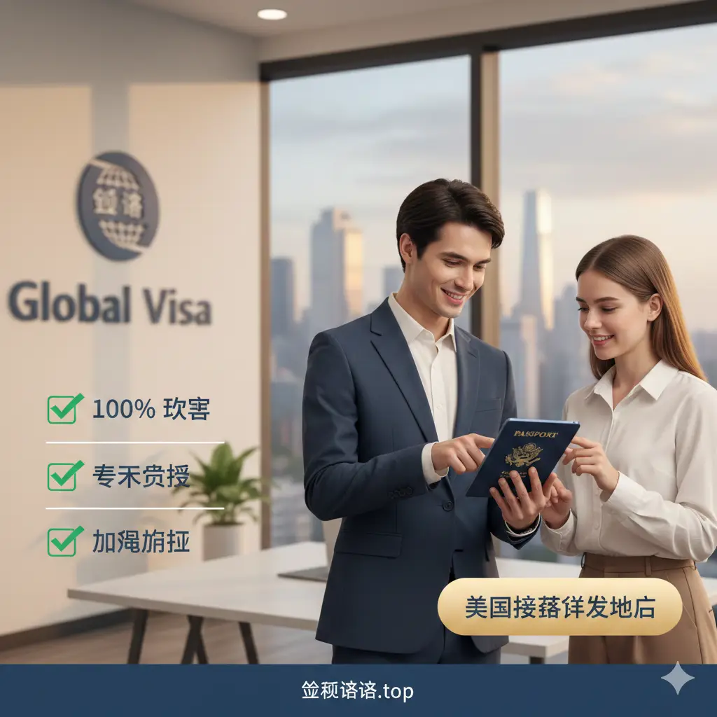 优势展示图。展示一名专业的全球签证服务专家正在为客户核对护照信息。画面背景是简约现代的Global Visa办公室，窗外隐约可见城市天际线。画面中包含复选框图标，代表‘100%准确’、‘专家审核’和‘加急处理’。色彩风格温馨且值得信赖，强调品牌的人性化专业服务和高成功率优势。