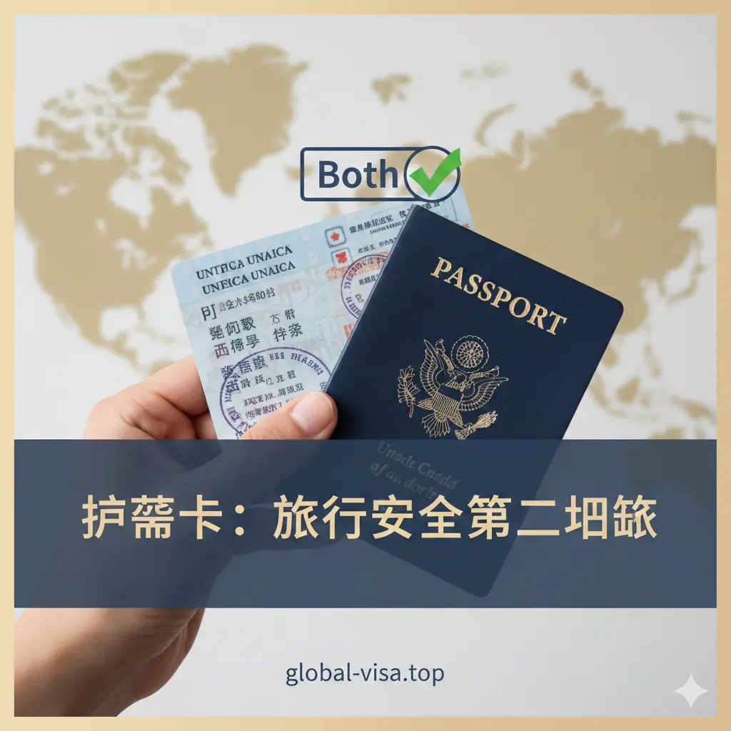 文章总结图片，采用Global-visa.top品牌风格。画面展示一个手持护照卡和护照本的特写，背景是柔和的世界地图。画面中央有一个醒目的‘Both’选项框被勾选，寓意最佳建议。整体氛围专业、温馨且充满信任感，色调温暖，光影柔和，构图简洁，强调护照卡是保障旅行安全的‘第二把锁’。