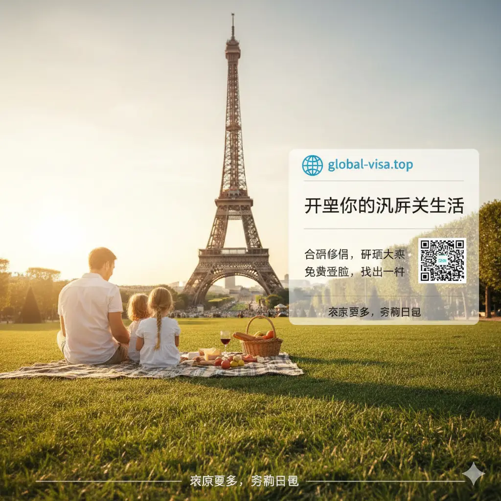 一张充满希望感的总结图片。画面展示一个现代化的家庭在巴黎战神广场草坪上野餐的背影，远方是宏伟的埃菲尔铁塔。画面右侧留白处有一个半透明的文本框，带有global-visa.top的Logo和二维码区域。色调温暖、充满阳光，构图舒适平衡。图片寓意通过合规的移民规划最终实现美好的法国生活，鼓励用户进行免费评估和下一步行动。