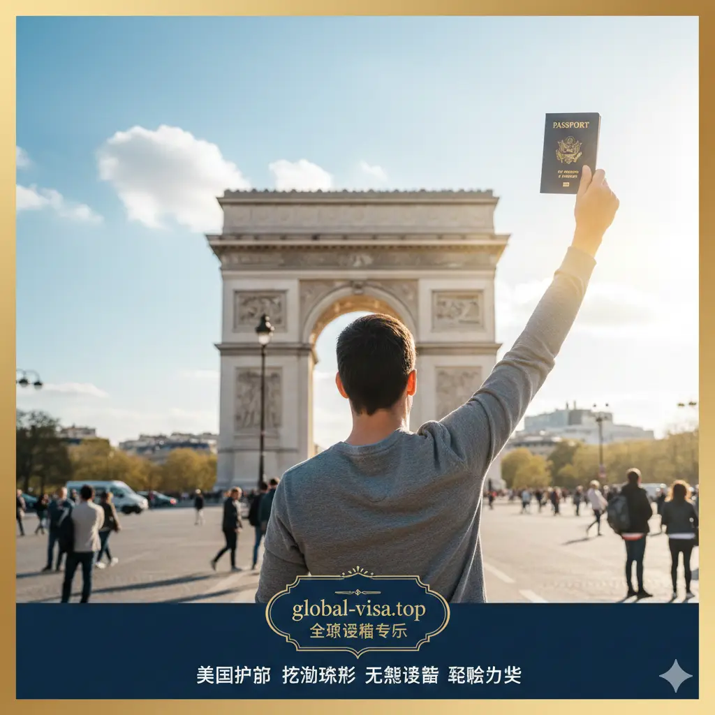 总结图片，画面温馨且充满期待感。展示一名美国游客手持护照在巴黎凯旋门前欢笑的背影，寓意旅程圆满结束或顺利开始。图片底部带有global-visa.top的品牌视觉元素。整体色彩明亮、欢快，充满法式浪漫风情，旨在总结全文要点：只要遵守规定，美国护照持有者即可轻松畅游法国，给读者留下积极可靠的品牌印象。