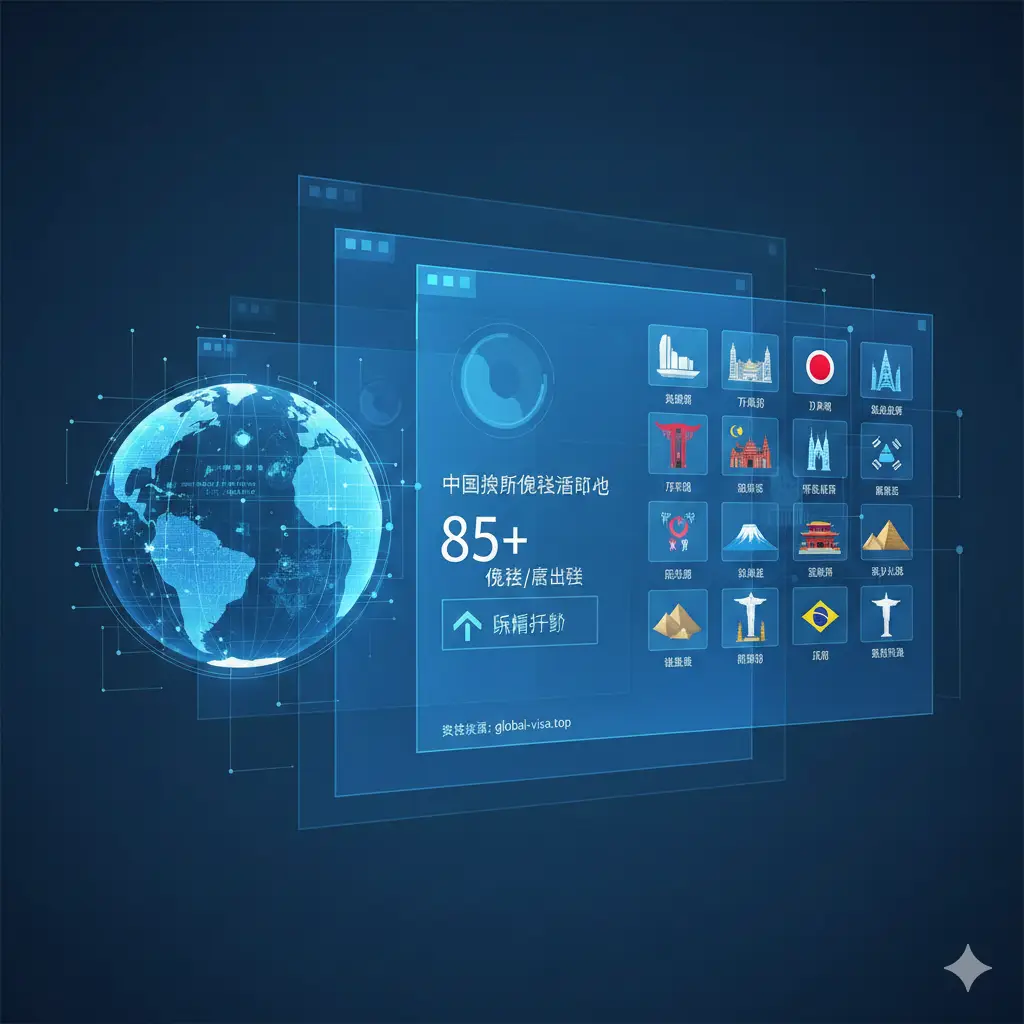 一张展示中国护照免签功能的数据可视化图片。画面左侧是一个发光的地球仪，右侧是整齐排列的免签国家图标，如新加坡、泰国、马来西亚等国的标志性建筑缩影。采用科技感十足的UI界面风格，蓝色半透明的图表层叠，展现‘85+免签地’的字样。色彩清新明亮，构图平衡，传达出出行的便利性。