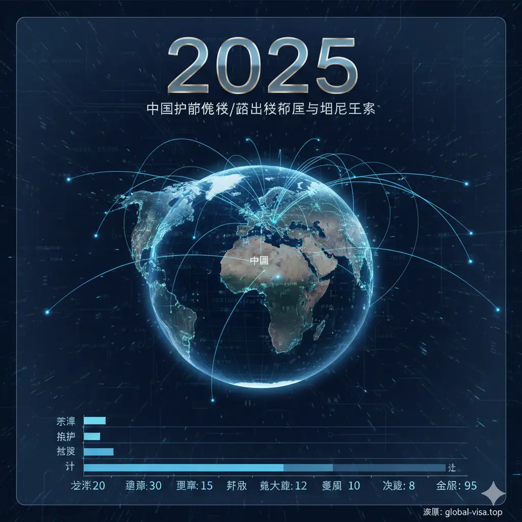 一张具有科技感的数据总结图，以深蓝色的地球仪为核心，从中国版图向全球辐射出多条光线，连接所有对华免签的国家和地区。画面上方显著位置展示“2025”年份字样，设计风格采用金属质感。图表底部简要汇总了各大洲的免签国家数量概览。整体风格严谨、专业，象征着Global Visa Top为用户提供的最新、最全的全球出行数据看板，作为文章的完美总结。
