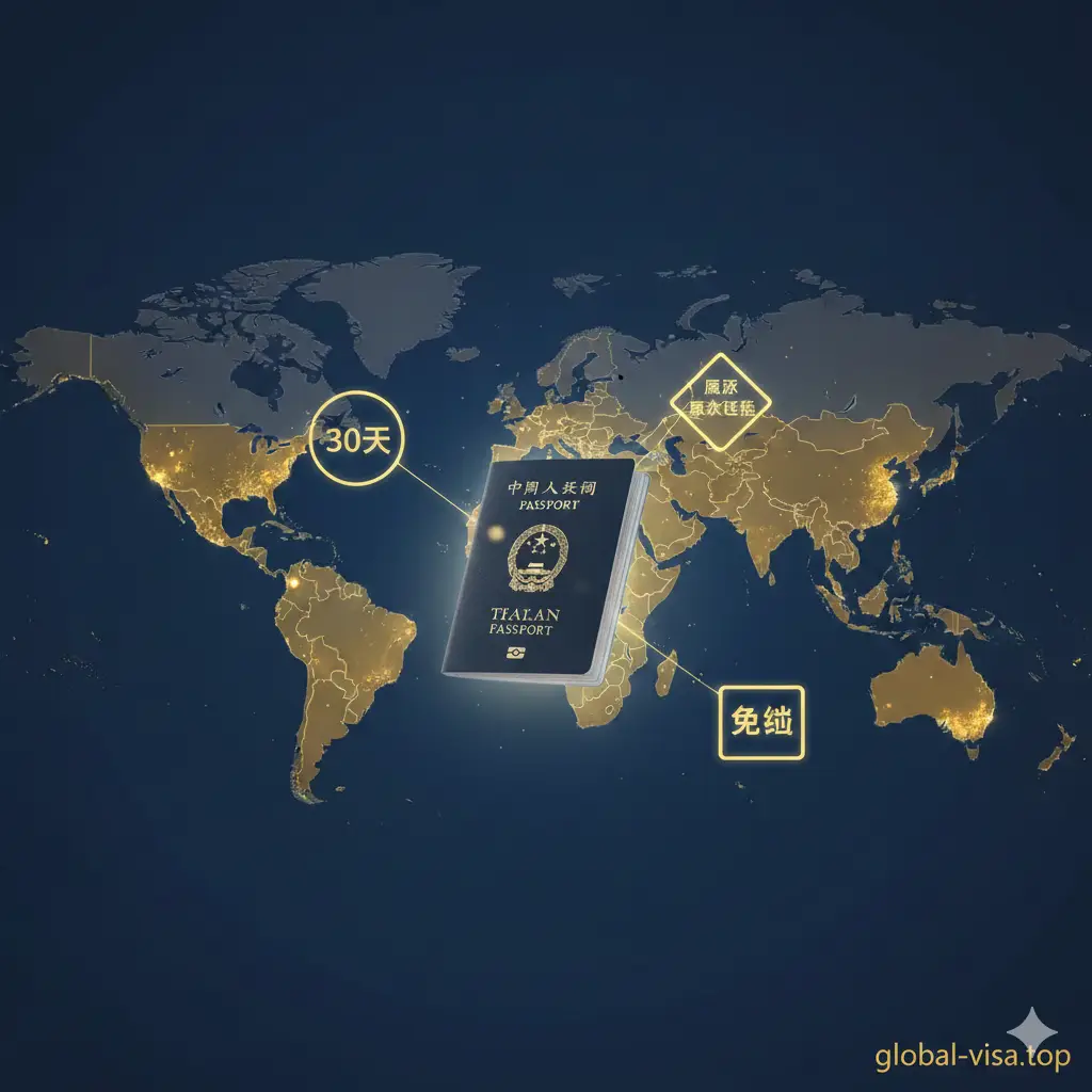 一个富有科技感的数字化世界地图,地图上亮起中国、泰国、马来西亚、新加坡、阿联酋等免签国家的地理轮廓。图中有一本中国护照呈现半透明漂浮状态,周围环绕着象征‘30天’、‘永久互免’、‘免签’字样的发光图标。整体色调为深蓝色和亮金色,风格现代且具有极强的咨询指导感,体现global-visa.top的数据精准性。