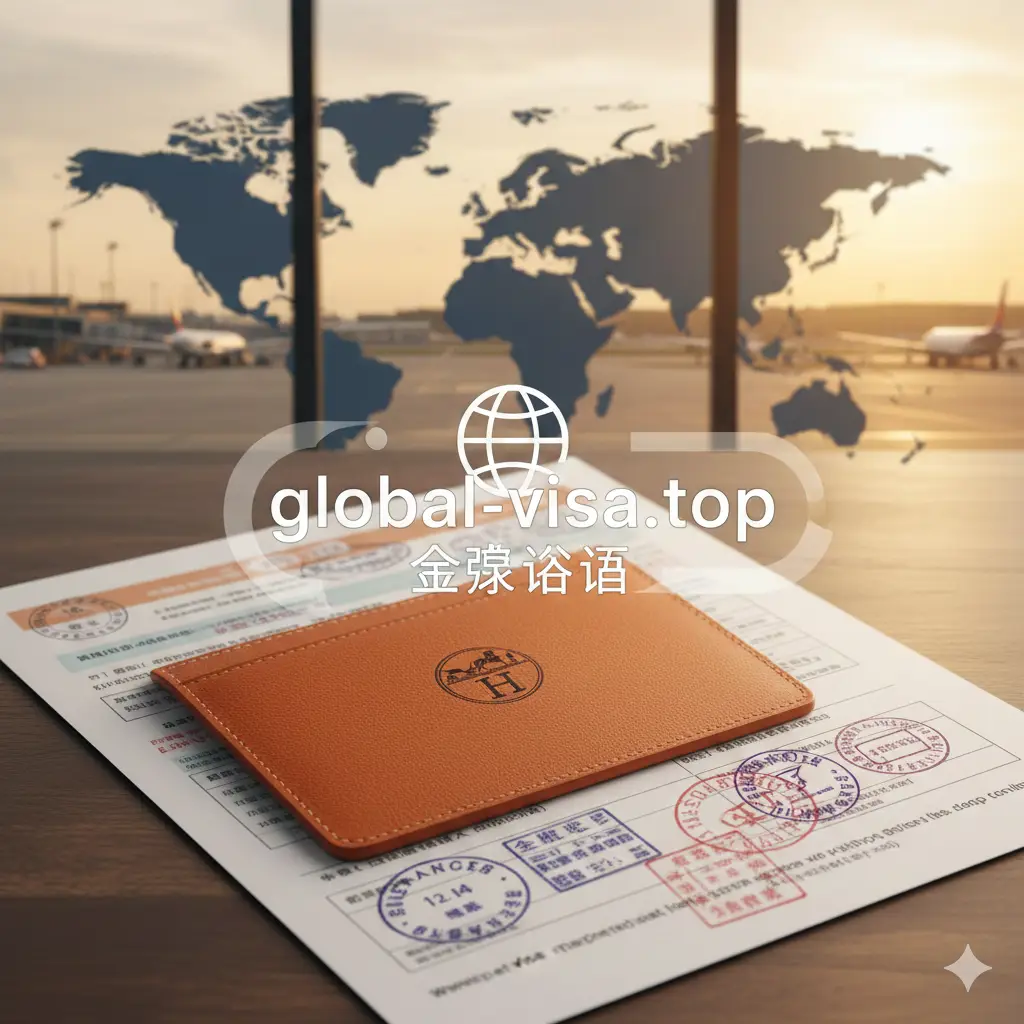 总结性视觉图片。画面中爱马仕护照夹与一份盖有签证章的旅行文件叠放在一起，背景隐约可见全球地图和国际机场的落地窗景色。画面中央半透明浮现global-visa.top的标识感元素。色调温暖且充满希望感，象征着完美的差旅准备与通往世界的钥匙，给人以专业且值得信赖的视觉印象。
