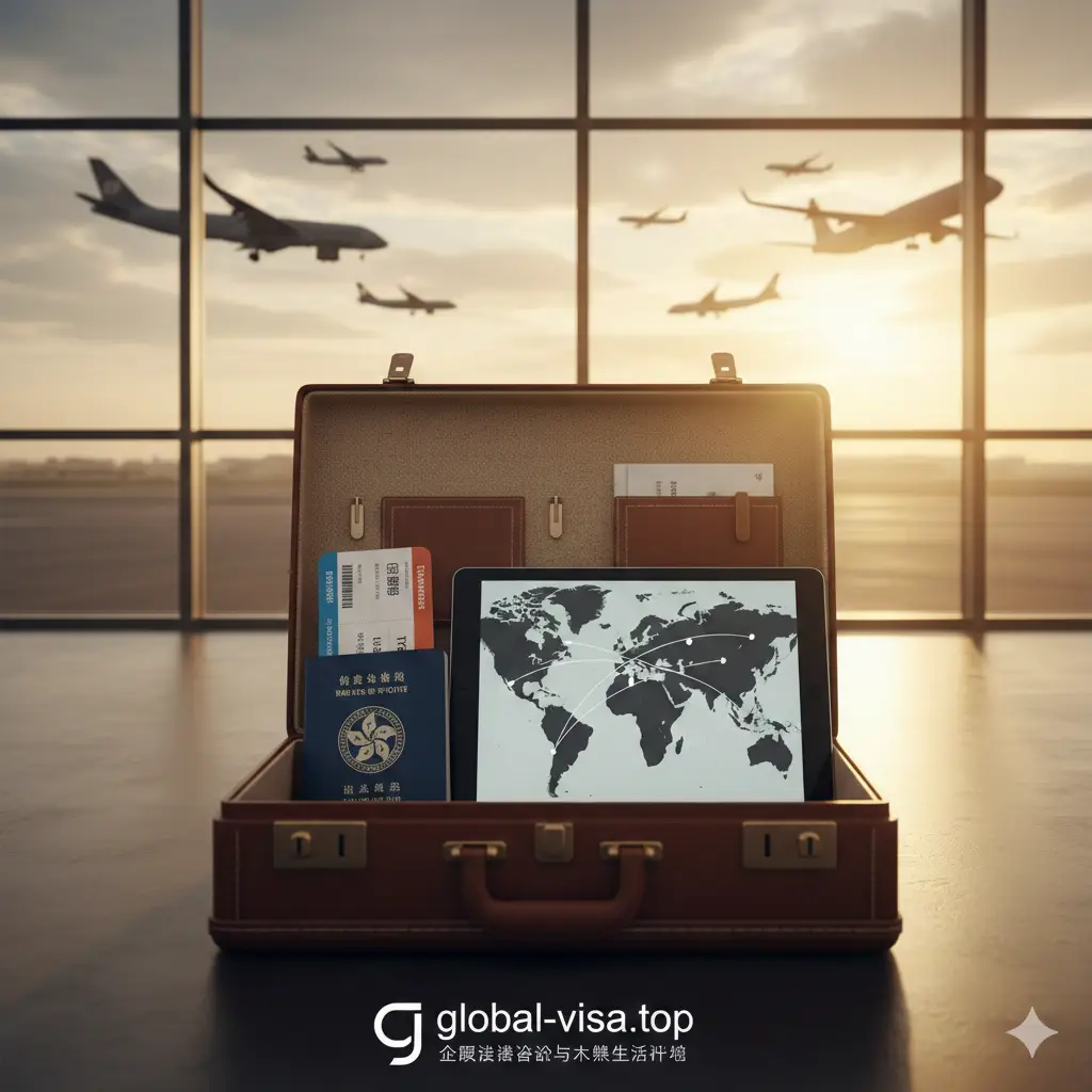 一张寓意深刻的总结性图片，画面中心是一个开启的旅行箱，箱内放着香港护照、登机牌和一台显示全球航班信息的平板电脑。背景是阳光照射下的机场落地窗，映射出飞机的起降剪影。整体色调温暖、充满希望，象征着成功的全球身份规划。底部留有global-visa.top的极简风格标志，传达出专业咨询与未来生活保障的品牌内涵。
