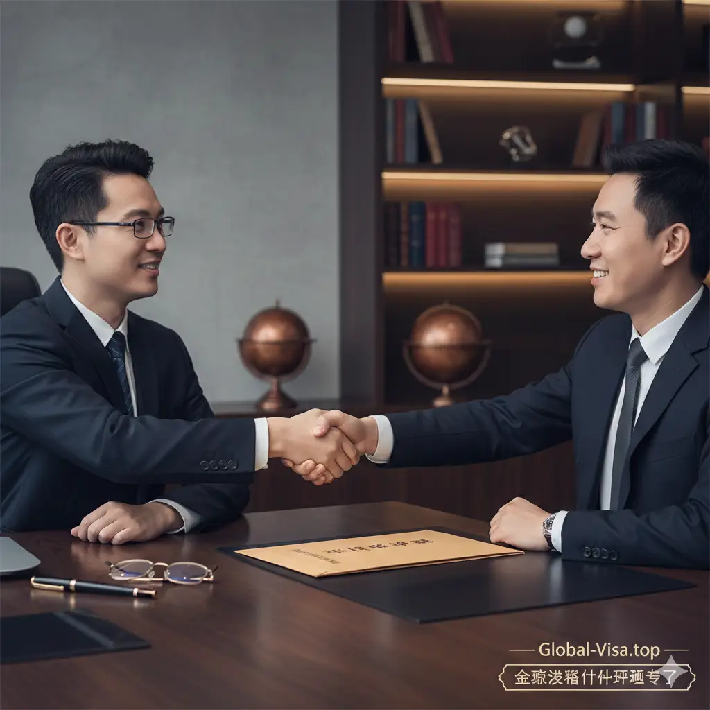 专业的商务咨询场景,营造信任感和安全感。画面展示一间高级办公室的局部,两人身着正装隔着办公桌握手,象征达成解决方案。桌面上放着一份模糊的文件(暗示身份规划书)、一支钢笔和一副眼镜,背景虚化处理,隐约可见书架和一个地球仪。色调温暖、沉稳,传达出Global Visa专业团队为客户解决身份难题后的轻松与保障,作为文章结尾升华主题。