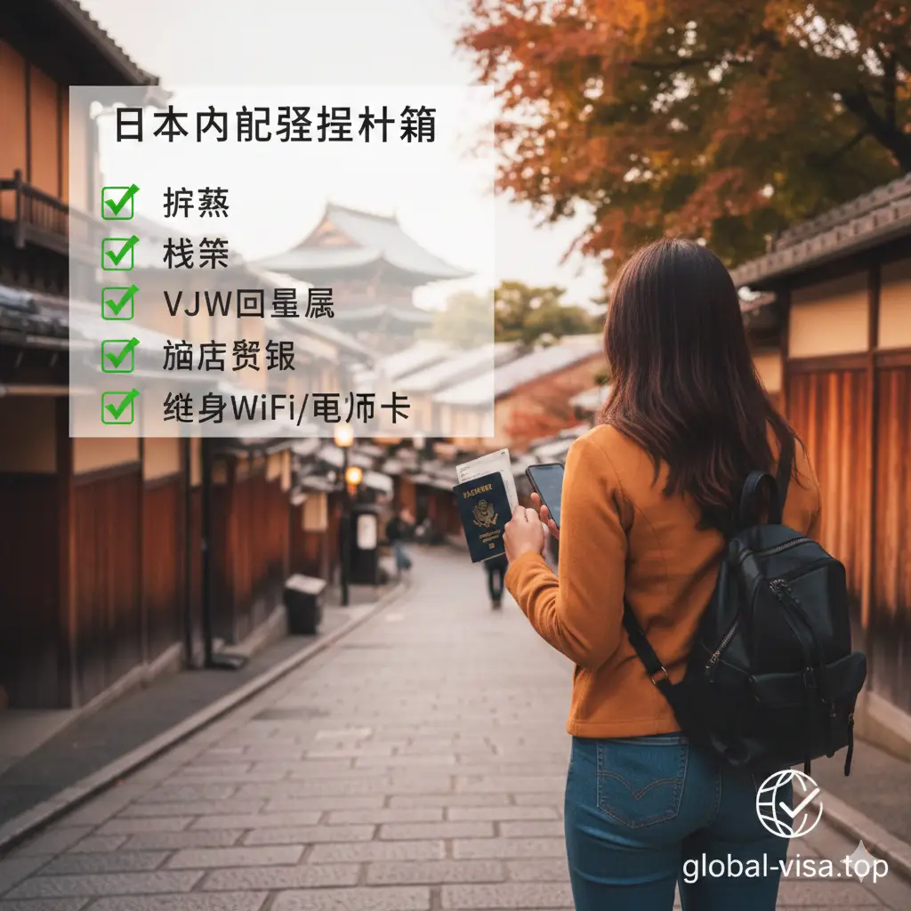 一张温馨的总结图片，展示一名游客在日本京都街头漫步的背影，手中拿着护照和手机。画面上方有一张带有勾选框的核查清单覆盖层，列出了护照、机票、VJW二维码等关键词。色调温暖且富有叙事感，右下角带有global-visa.top的极简标志感设计，为读者提供完美的旅行收尾视觉。