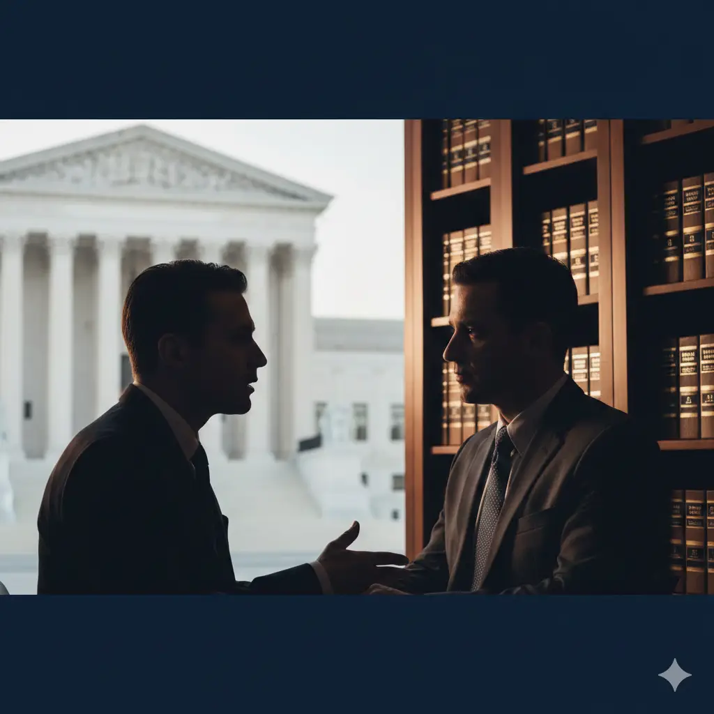 展示Global-Visa.top专业优势的形象图。画面中一位穿着职业装的移民律师正与客户进行深度的保密谈话（侧面剪影），背景是若隐若现的美国最高法院建筑和法律档案柜。光线温暖而专业，给人以信任感和安全感。构图采用黄金分割法，强调‘专业、保密、加急’的核心价值。色彩以深蓝和木质棕色为主，体现机构的资深背景与成功率优势。