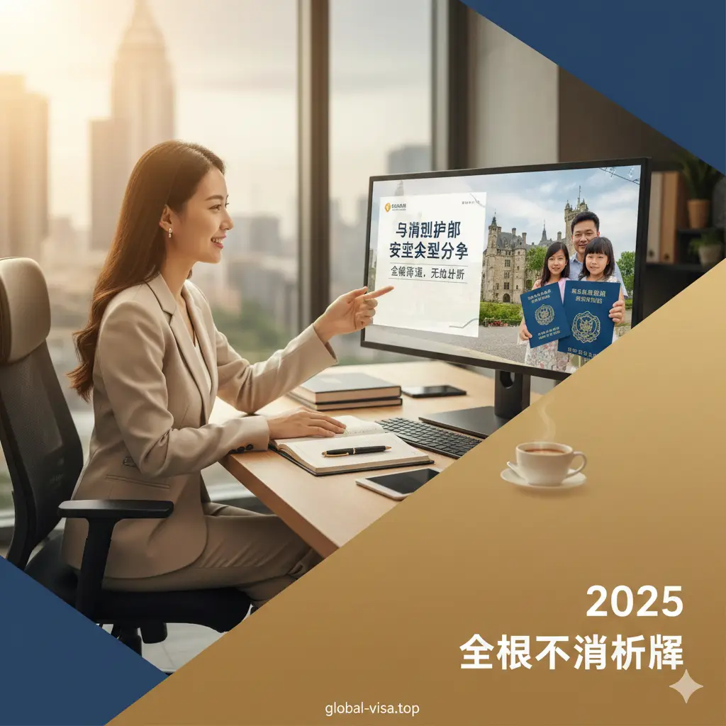 一张温馨且专业的总结性图片。画面展示一位Global Visa的顾问正在与客户进行视频咨询，屏幕上显示着马绍尔护照的成功案例。画面下方带有‘2025全球通行方案’字样。整体构图采用对角线引导，色调温暖，传达出安全、成功与定制化服务的品牌形象，引导读者进行最后咨询。
