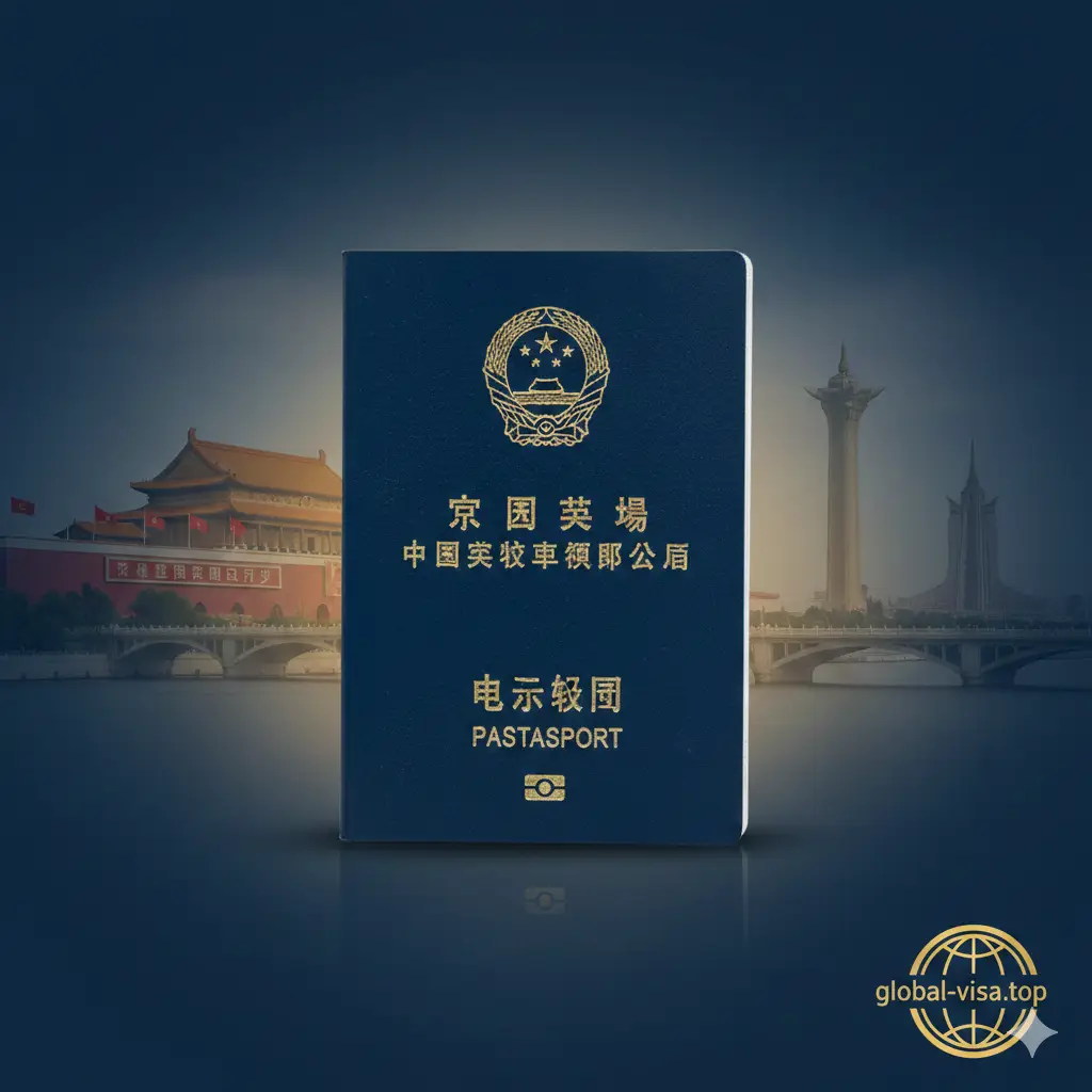一张极具总结性质的视觉海报。画面中心是一本带电子芯片标志的朝鲜电子护照，背景半透明叠加了中朝边境大桥、北京天安门和朝鲜平壤的标志性建筑影像，象征两国间的证件政策关联。色彩采用深蓝到金色的渐变，右下角带有 global-visa.top 的品牌视觉元素，整体风格高端、客观，为文章内容提供完美的视觉收尾。