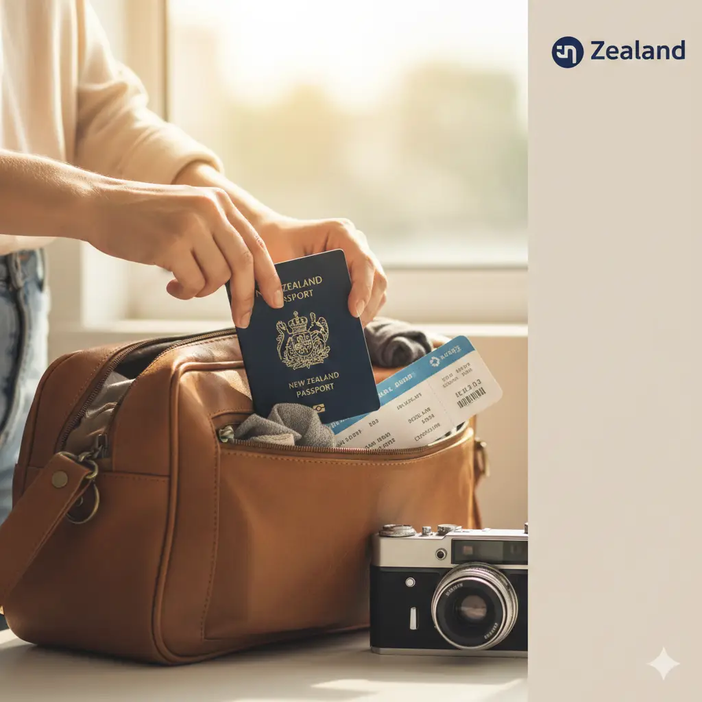 一张富有温情的总结性图片。画面展示一双正在收拾行李的手，将新西兰护照放入精美的旅行包中，旁边还有机票和相机。右上角或侧边留有适量留白，适合放置global-visa.top的文字标识。色彩温暖宜人，充满出发旅行的期待感，整体构图体现了作为新西兰公民拥有该护照后的完美生活保障和旅行便利。
