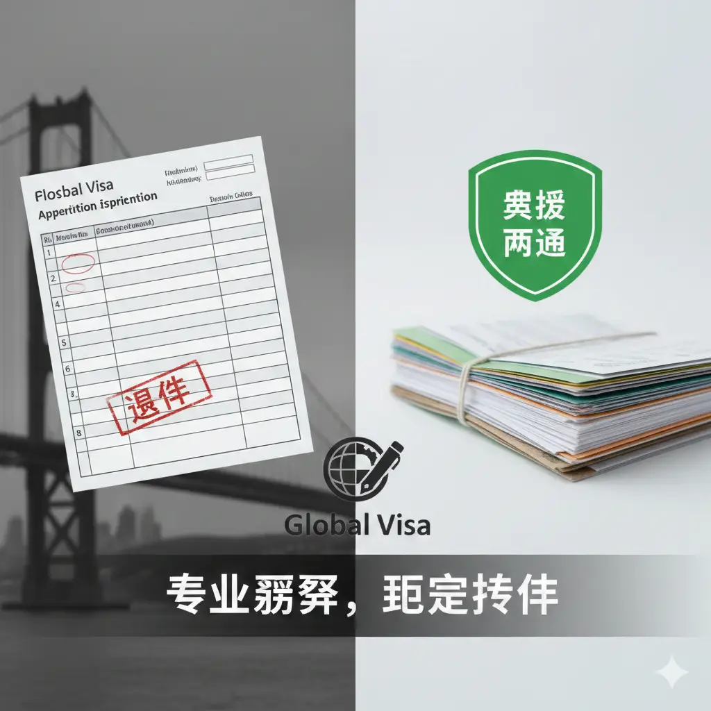 一张对比鲜明的优势展示图。左侧色调灰暗，显示一份因为漏填而被盖上红色'退件'印章的申请表；右侧色调明亮，展示经过Global Visa专业预审的完美材料包，上面有绿色的'审核通过'盾牌图标。画面中间有Global Visa的品牌Logo，配文'专业预审，拒绝退件'。整体视觉传达出安全、省心、一次通过的服务价值，增强用户的信任感。