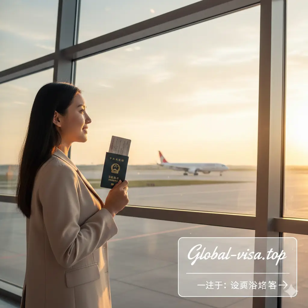 一张充满情感与号召力的总结图片。画面展示一位旅行者在机场候机大厅的落地窗前,手持刚刚办理好的护照,眺望窗外的飞机起飞,脸上洋溢着期待的笑容。光线采用温暖的日落金光,营造出即将启程的憧憬感。画面右下角可预留空间展示Global-visa.top的品牌元素或下一步查看签证攻略的视觉暗示,激发用户的转化行为。
