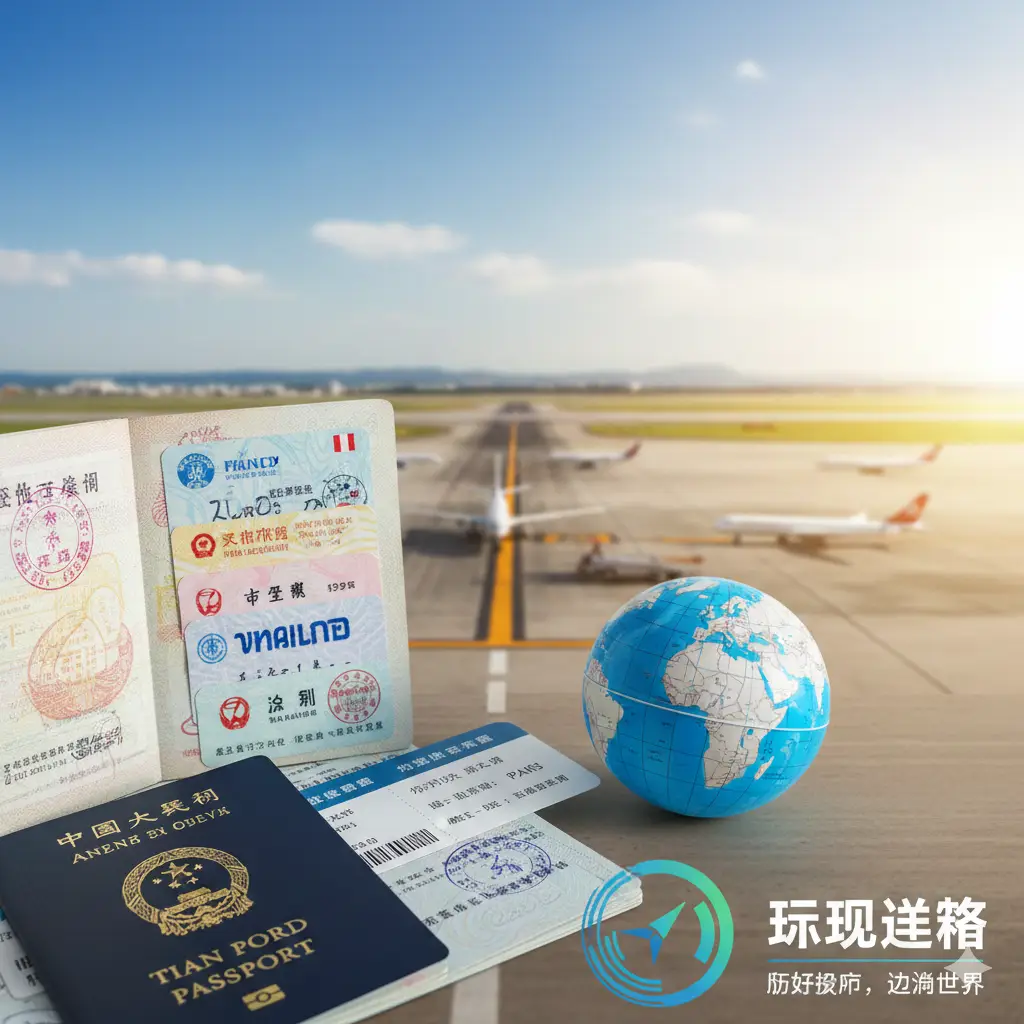 充满旅行憧憬的总结性图片。画面前景是一本打开的中国护照，上面盖有几个国家的出入境章或贴有签证，旁边放置着一张飞往热门目的地的登机牌和一个微型地球仪。背景虚化，隐约可见机场跑道或蓝天白云。图片右下角可巧妙融入Global-Visa的品牌色或Logo元素，寓意'办好护照是走向世界的第一步'，激发用户办理护照并咨询后续签证服务的欲望。