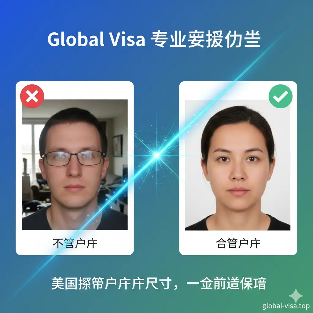 展示Global Visa专业审核优势的对比图。左侧显示一张带有眼镜、阴影和背景杂乱的错误照片示例，上方覆盖红色的叉号；右侧展示一张完全符合2025年美签标准、背景纯净、曝光均匀的成功案例照片，上方覆盖绿色的对号。中间有扫视光束特效，象征AI检测与人工审核。色彩明快，强调专业、高效和一次性通过的品牌信任感。