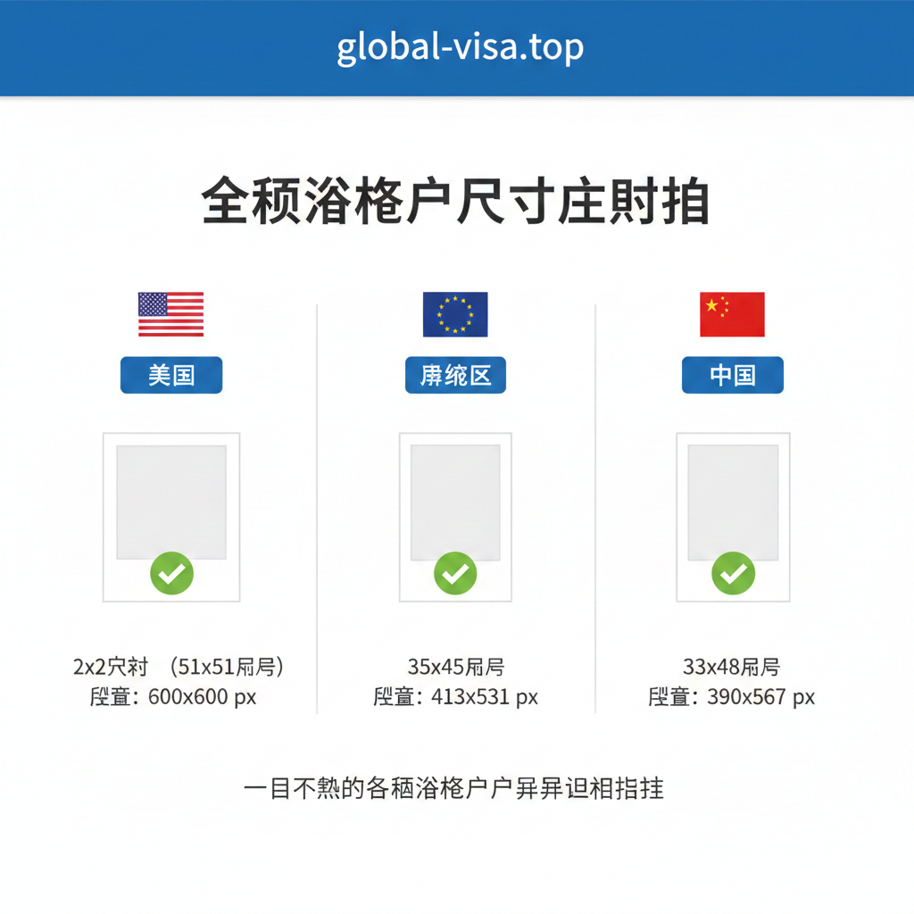 一张清晰的信息图表风格图片，视觉化展示不同国家的护照照片尺寸规格对比。画面包含美国（2x2英寸）、申根区（35x45mm）和中国（33x48mm）的国旗图标及其对应的照片边框轮廓。使用绿色对勾表示合规尺寸，并在旁边标注像素要求，背景简洁干净，采用扁平化设计风格，帮助用户一目了然地识别不同国家的签证照片差异。