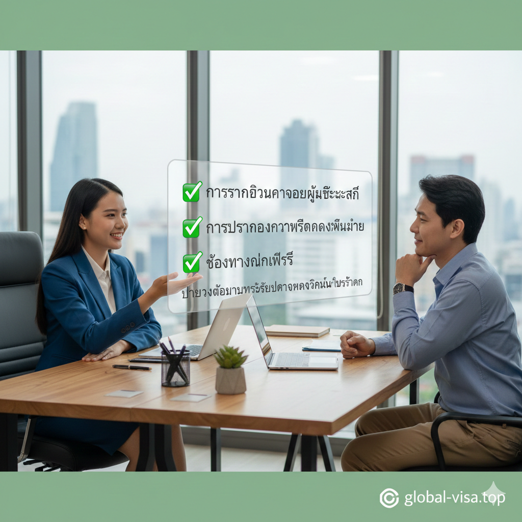 A professional and reassuring image showcasing the advantages of using Global-Visa services. It features a friendly consultant in business attire assisting a client, with a digital overlay showing green checkmarks next to service points like 'Expert Drafting', 'Accuracy Check', and 'Fast Queue'. The lighting is warm and welcoming, set in a modern office environment. The composition focuses on the interaction, conveying reliability and expertise in handling complex Chinese passport documentation for residents in Thailand.