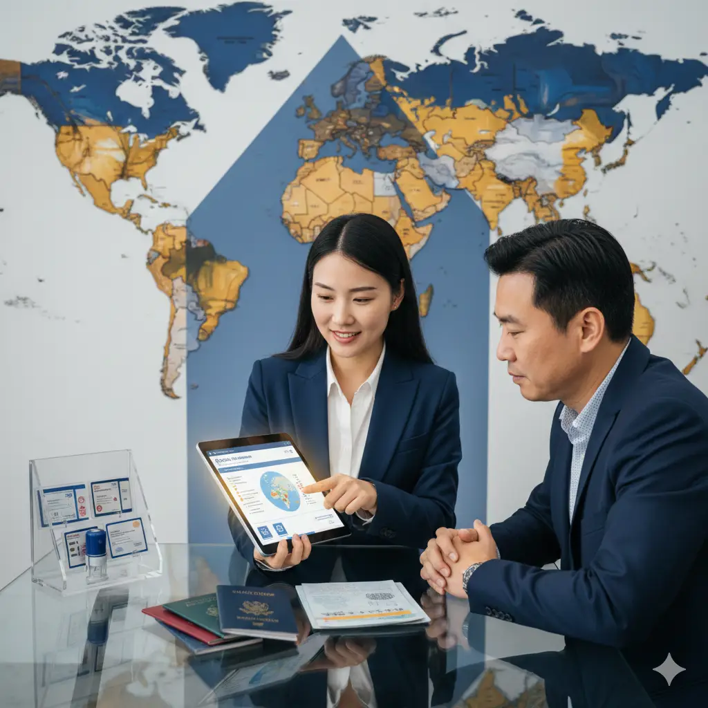 体现global-visa.top品牌优势的图片。画面展示一名专业的签证顾问正在使用平板电脑为客户讲解全球风险地图，背景是模糊的全球地图装饰墙。构图精巧，展现出专业、高效、可靠的氛围。色彩以网站品牌色为主，加入一些成功的签证案例或各国护照叠放的视觉元素，强调平台在处理护照过期及签证转移方面的专业性。