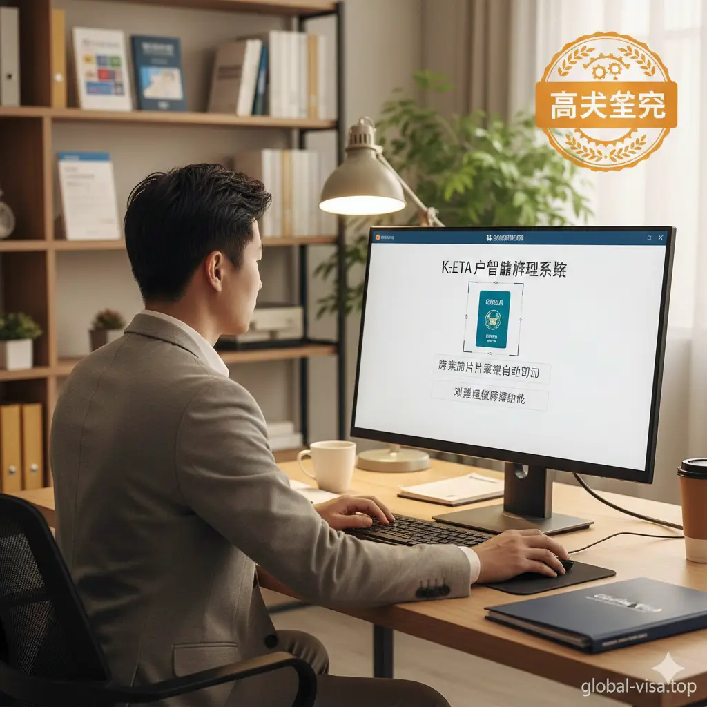 体现Global Visa专业服务优势的图片。画面展示一位专业的签证顾问正在电脑前操作,屏幕上显示着K-ETA照片自动剪裁和体积压缩的软件界面。光线柔和温暖,画面右侧加入一个橙色或金色的勋章图标,象征‘高成功率’。构图采用中景镜头,展现出机构的专业度、可靠性和对细节的严苛把控。