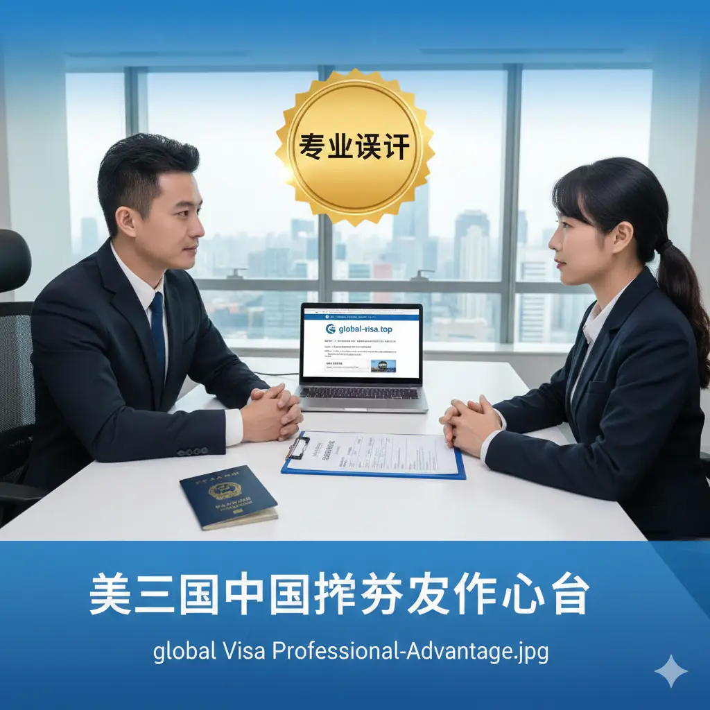体现专业优势的图片。画面展示一个专业的咨询场景，桌面上整齐摆放着护照、绿卡申请表和笔记本电脑。背景是明亮的现代化办公室。画面中央有一枚金色或蓝色的‘专业认证’徽章。色彩明快且充满信任感，展示Global Visa在处理复杂签证和证件换发问题上的专业性与权威感。
