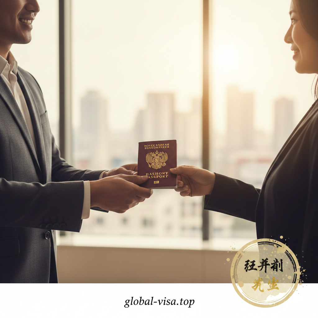 一张总结性的服务承诺图片，展示一位穿着专业西装的顾问（只露手部或侧影）微笑着将一本崭新的俄罗斯护照递交给客户。背景是模糊的现代化律师事务所或领事馆环境，透出明亮的窗光。画面下方叠加‘Approved’或‘Success’的图章视觉元素，色调温暖且令人安心，传递出成功率高、服务专业、值得信赖的情感，作为文章结尾的强力信任背书。