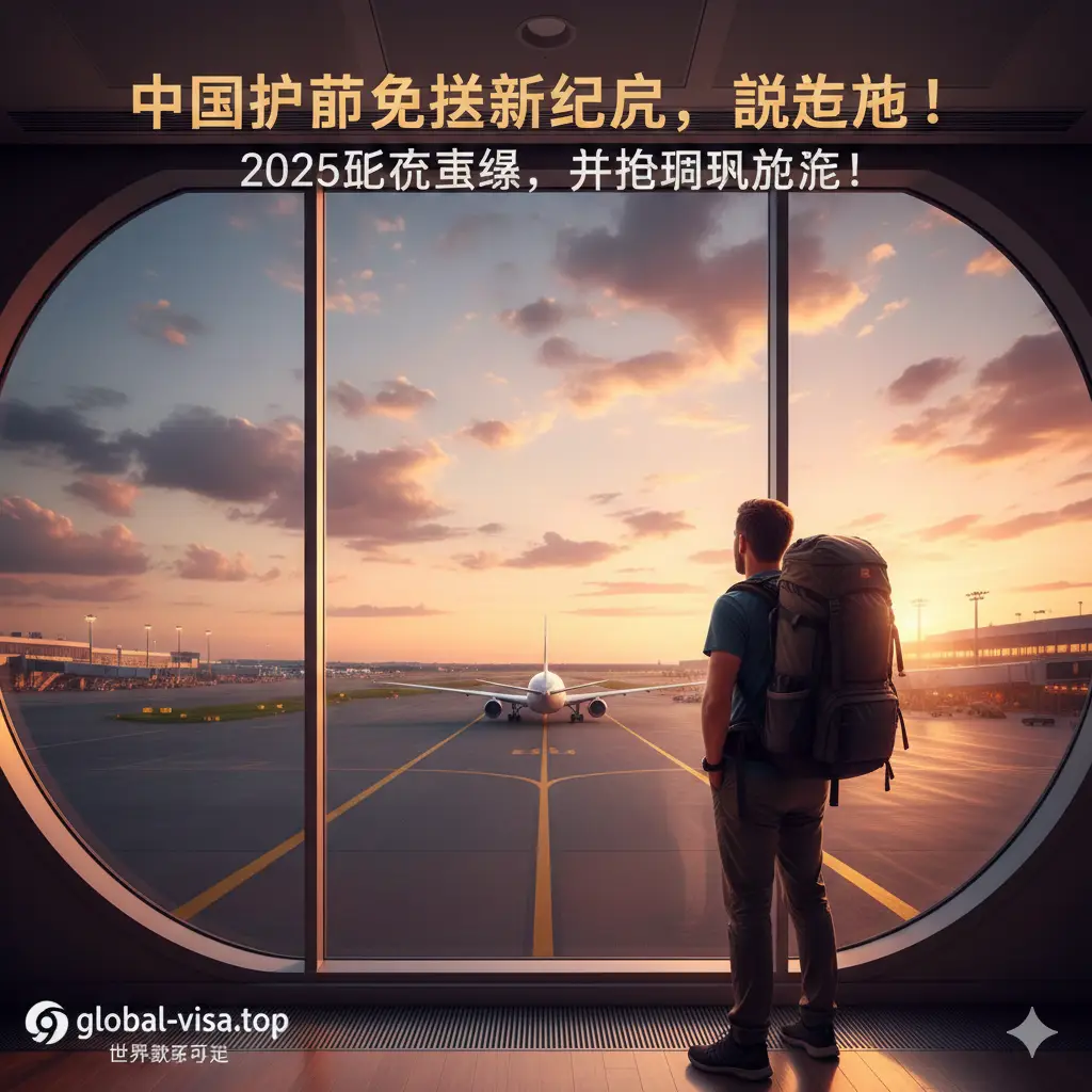 一张充满意境的总结图片。画面展示一名背着旅行包的游客在机场巨大的落地窗前看向远方的飞机,窗外是落日余晖下的跑道。光线柔和,色调统一。画面下方或侧边带有global-visa.top的品牌调性。整体构图开阔,传达出‘世界触手可及’的愿景,鼓励用户在查阅完2025免签政策后勇敢出发,为整篇文章做情感升华。
