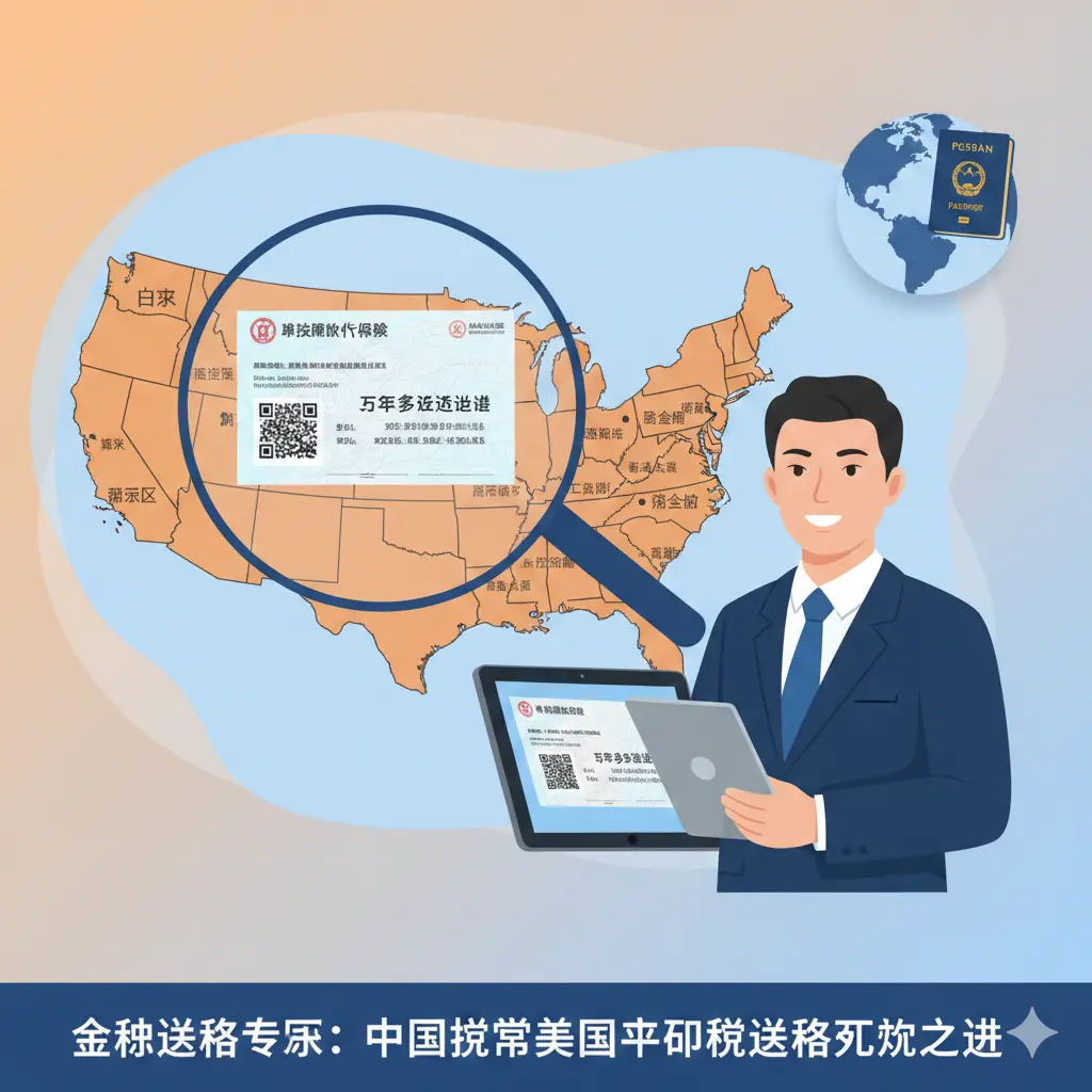 展示全球签证咨询优势的插画。画面中包含一个带有放大镜的美国地图，精确定位出纽约、旧金山、洛杉矶等各大签证领区。旁边有一位专业的亚裔顾问形象，手持iPad展示合规的申根保险单和五年多次往返签证案例。色调温暖，传达出值得信赖和高效专业的服务感。