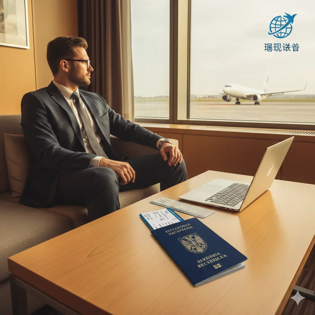 总结性视觉图片,展示全球公民身份规划。画面中一位穿着得体的商务人士正在机场贵宾室看向窗外的飞机起飞,桌上放着塞尔维亚护照、登机牌和一台笔记本电脑。画面右侧上方有Global Visa的品牌Logo感设计。整体氛围宁静、成功、高端,寓意拥有这本护照即拥有了自由的未来与资产的增值空间,色彩以自然的日光色和室内木质调为主。