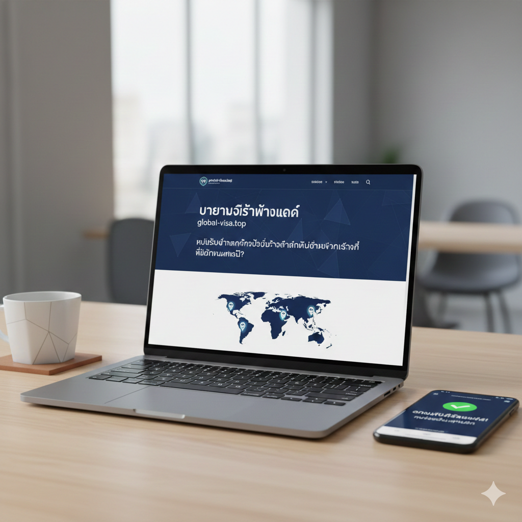 A professional and trustworthy scene depicting a digital consultant workspace. A laptop screen displays the global-visa.top website interface with a world map and visa icons. Next to the laptop is a cup of coffee and a smartphone showing a successful visa approval notification. The color palette is professional navy blue and white, conveying expertise, efficiency, and global connectivity. Minimalist and high-end aesthetic.