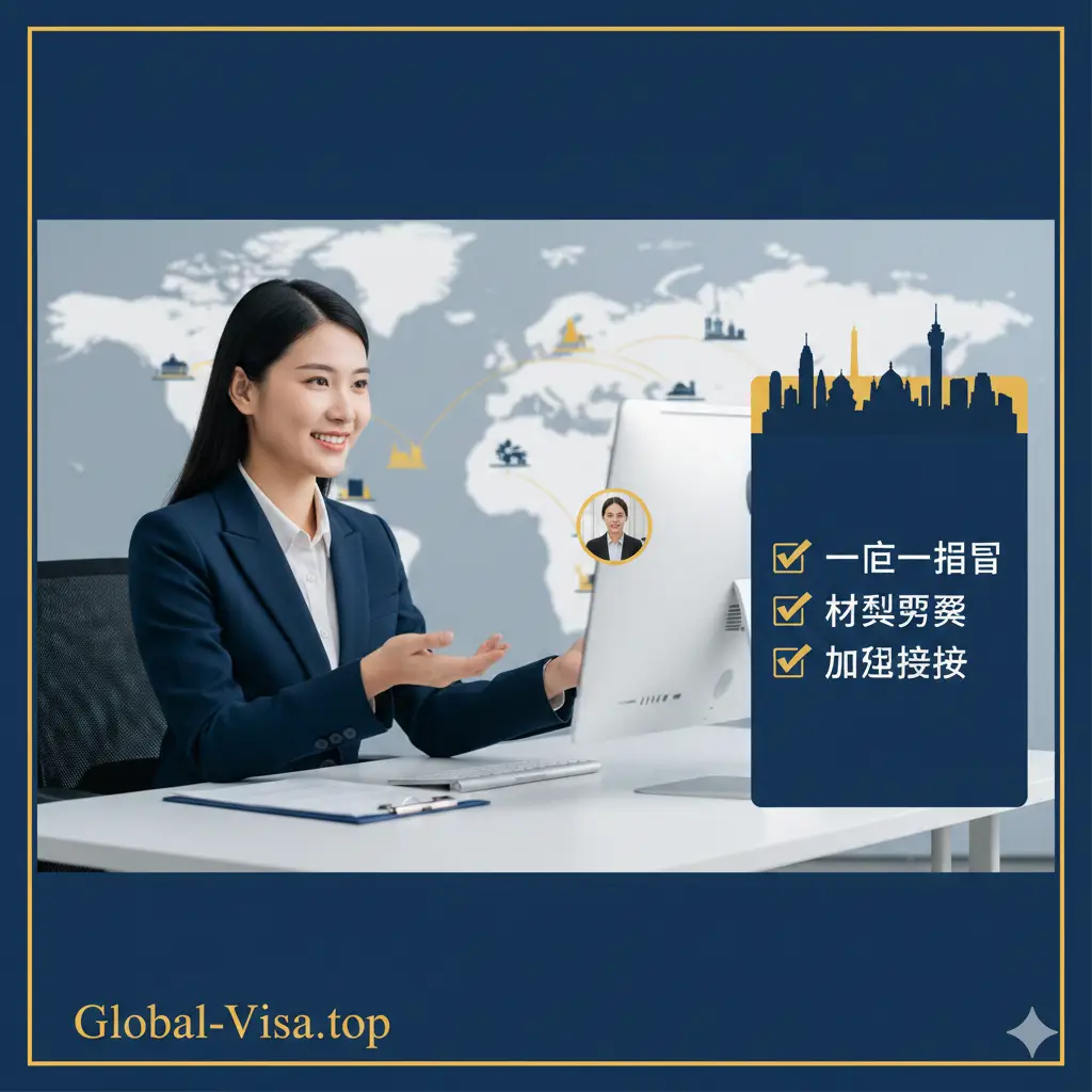 优势展示图。画面强调Global-Visa.top的专业咨询服务价值。视觉中心是一位身着商务装、面带微笑的专业顾问，正在通过电脑屏幕与用户进行一对一咨询。背景隐约可见世界地图和各大使领馆的地理位置分布。画面侧边列出服务优势：‘一对一指导’、‘材料预审’、‘加急协助’。色彩采用信任感强的海军蓝和金黄色，构图稳重，体现出代办机构的专业度与可靠性。