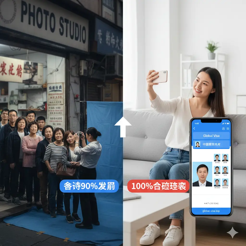 突出Global Visa平台针对海外华人的服务优势。画面呈现一个对比场景：一边是昂贵且不合规的国外线下照相馆排队场景，另一边是用户在家轻松使用手机操作的便捷场景。图中加入一张4x6英寸的排版样张，显示一张大照片包含8张中国护照小照片，旁边标注有‘节省90%费用’和‘100%合规检测’的视觉文字元素。