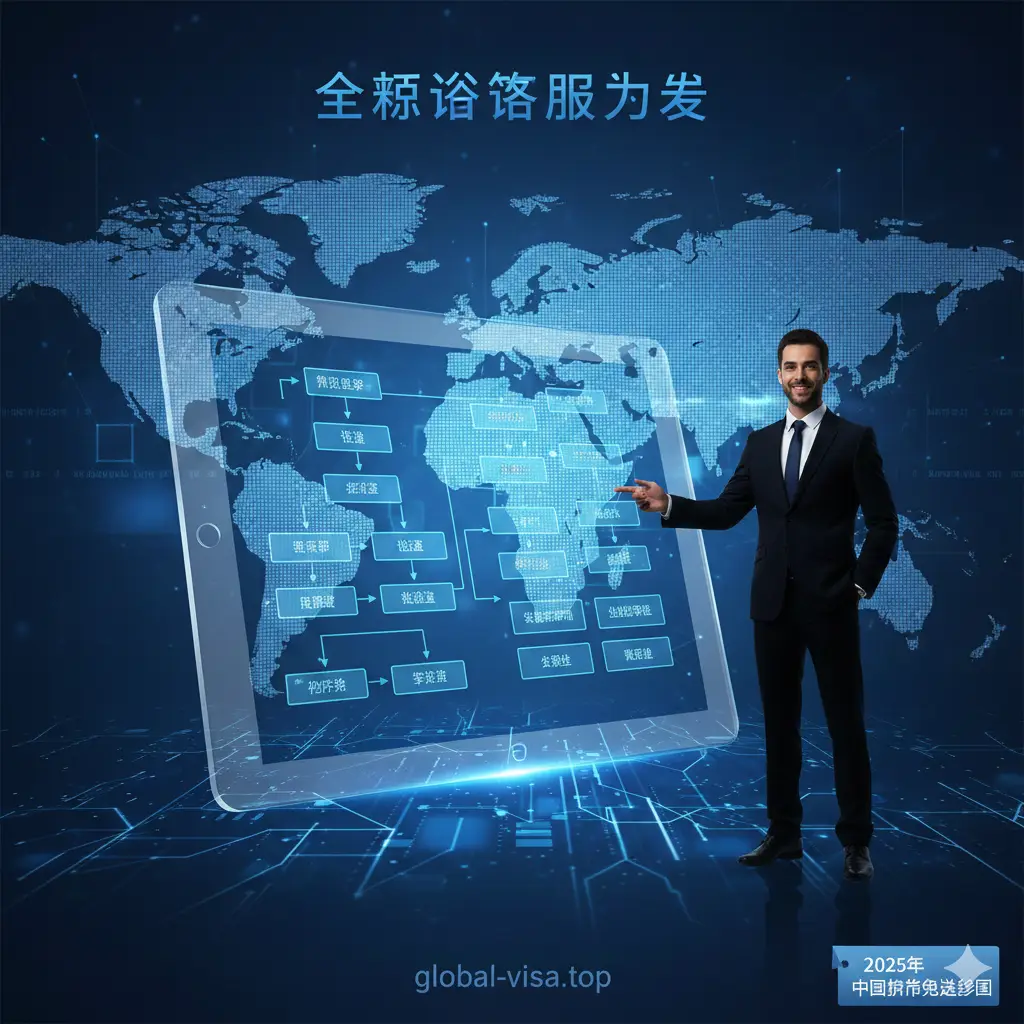 体现global-visa.top服务优势的视觉图片。画面展现一个现代化的数字办公场景，一个透明的平板电脑屏幕上显示着复杂的签证审核流程图，旁边站着一位面带自信微笑的专业咨询顾问剪影。背景是流动的全球数据线条，象征信息的实时更新和专业团队的支撑。色彩以科技蓝和纯白为主，营造出一种权威、值得信赖、高效办理的品牌氛围。