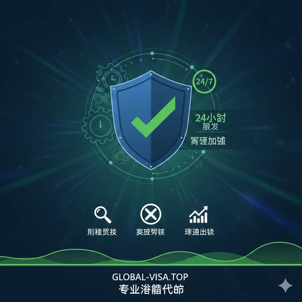 体现专业代办优势的商务风格图片。画面展示一个带有勾选标记的盾牌图标,象征安全与保障。背景是虚化的动态时钟和24/7客服标志,突显24小时紧急加急服务的速度。色彩以深蓝色和绿色为主,传达出信任感和极高的出签率。构图稳定均衡,画面整洁,去除了多余杂质,突显专业代办平台在处理拒签和资料审核方面的权威性。