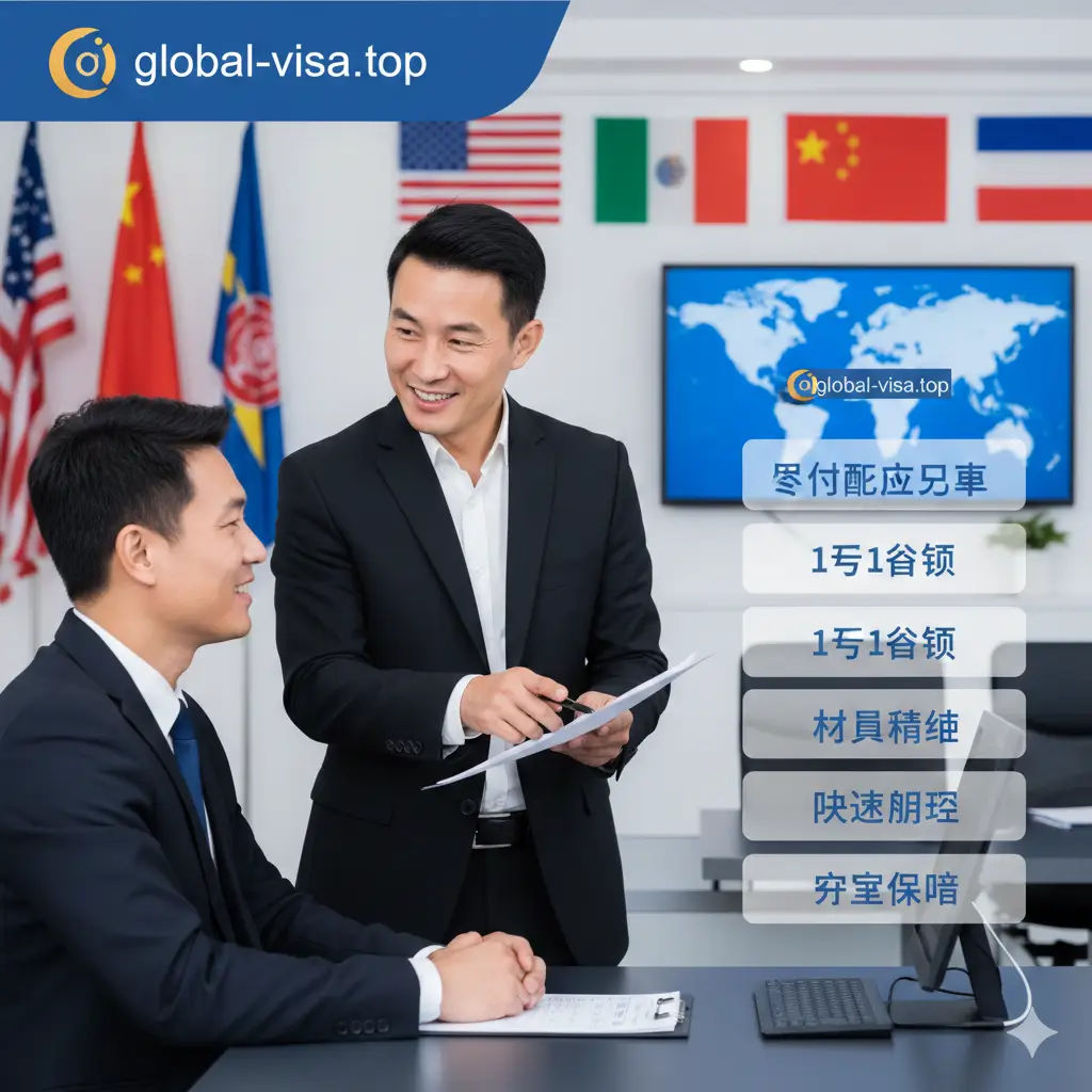 展现global-visa.top专业服务优势的图片。画面中心是一位专业的签证咨询顾问正带着自信的微笑与美籍华人客户交流，背景是整洁的办公环境与多国国旗元素。图片采用柔和的职业人像摄影风格，强调信任感与专业度。右侧通过半透明卡片形式列出‘实时政策更新’、‘1对1咨询’等优势关键词。色彩明快，对比度适中，能给用户带来安心感。