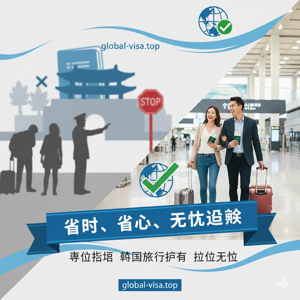 展示global-visa.top站点优势的对比图。画面左侧用灰色调显示被海关拒绝的无奈剪影，右侧用亮色调展示在专业指导下顺利通关、拉着行李箱走在仁川机场大厅的欢快场景。背景融入了品牌标志性的蓝色。构图采用对角线分割法，突出专业代办服务的效率与可靠性，强调‘省时、省心、无忧过关’的核心优势。