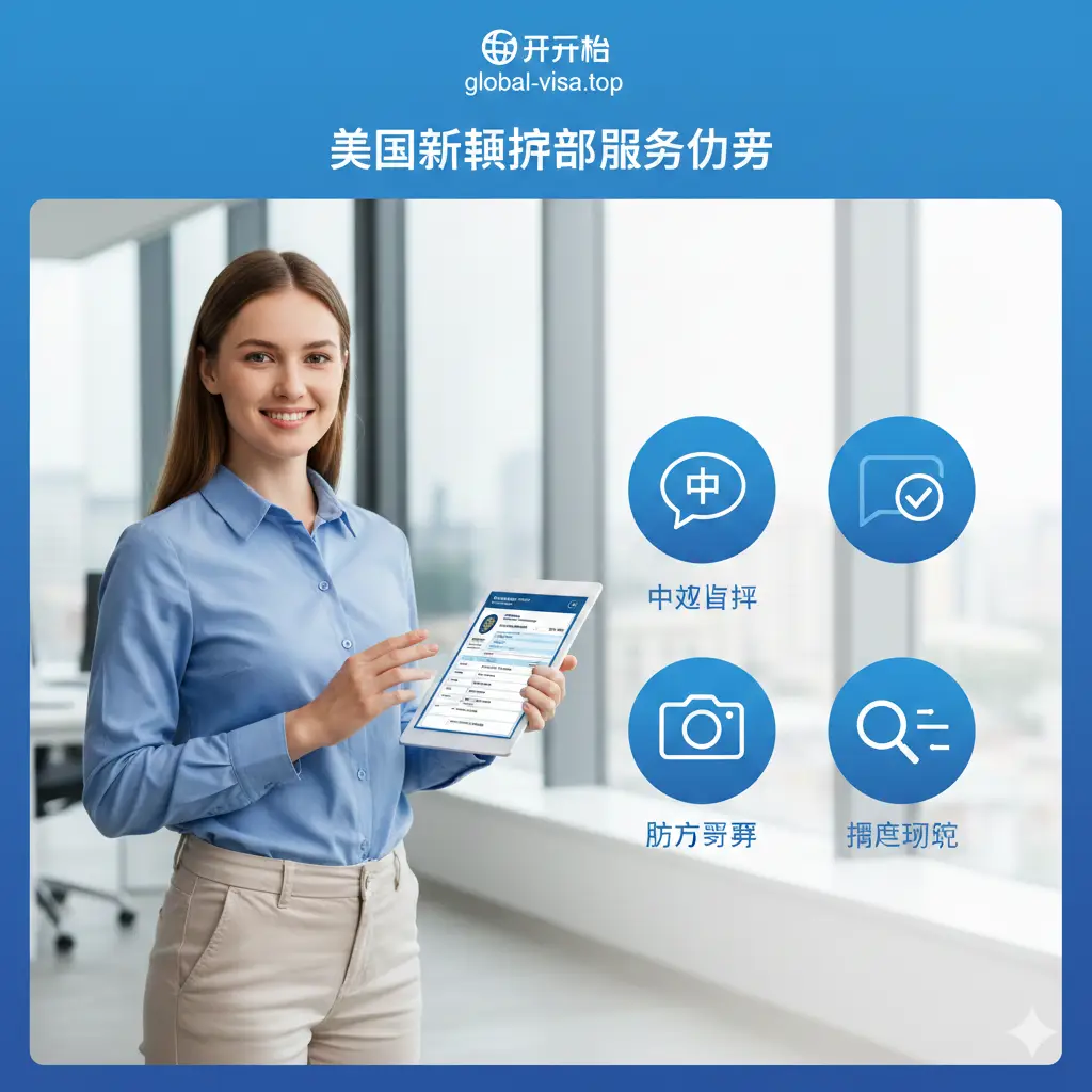 展示Global-visa.top平台优势的图片。画面左侧是一位穿着商务休闲装、面带自信微笑的专业客服人员，正在通过平板电脑进行远程指导。右侧通过简洁的图标展示‘中文导填’、‘照片预审’和‘进度追踪’三大核心优势。色彩明亮活泼，使用品牌标志性的蓝色作为主视觉，体现出专业、可靠且贴心的服务形象。