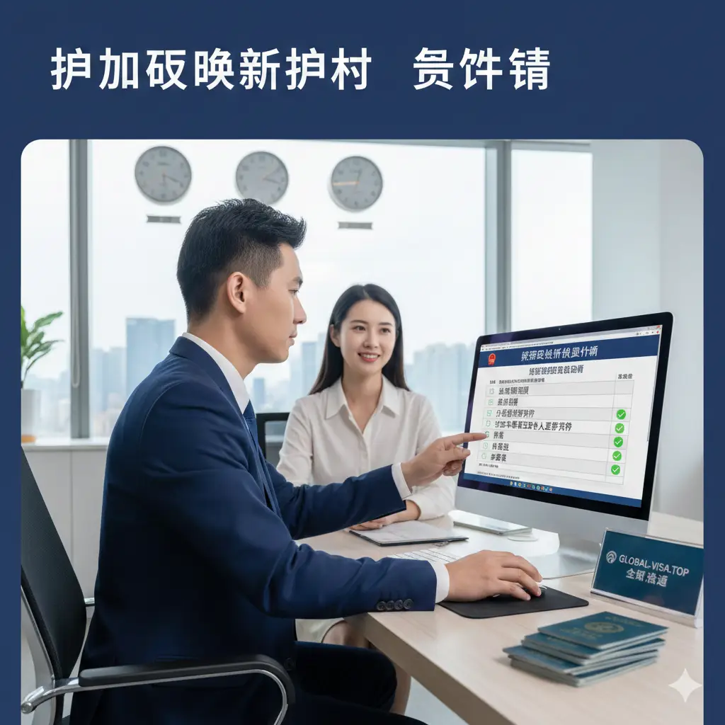 一张体现专业代办优势的视觉图片。画面展现一名专业的顾问正在电脑前为客户审核护照材料，电脑屏幕上显示着复杂的审核列表。背景是明亮现代的办公室，墙上挂着全球主要城市的时间钟表。构图采用侧拍视角，色彩专业且沉稳，体现global-visa.top平台的专业性、高成功率和一站式解决焦虑的服务优势，给用户带来信任感。
