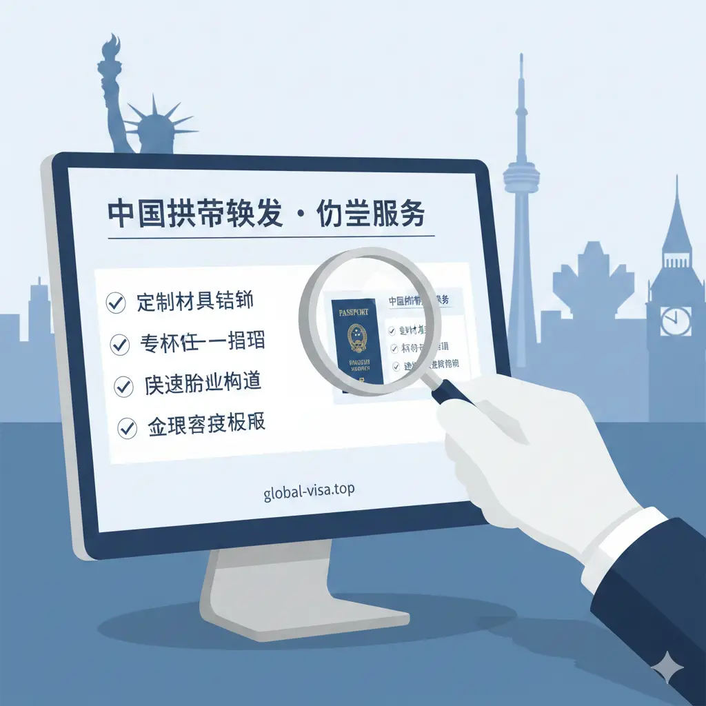 体现global-visa.top专业优势的图片。画面展示一个专业、可信赖的服务场景:一只手正拿着放大镜仔细核对护照申请材料,或是屏幕上显示的个性化材料清单模板。背景中隐约可见全球著名城市(如纽约、多伦多、伦敦)的天际线剪影。构图稳重,色彩偏向商务蓝和专业白,传达出精准、高效、全球覆盖的品牌优势。