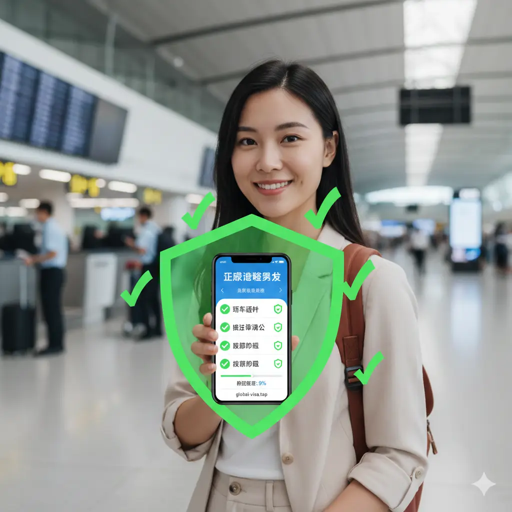 体现global-visa.top专业优势的视觉图。画面展示一位旅行者正在使用智能手机查看该站点的证件办理进度，背景是虚化的机场值机柜台。画面叠加了盾牌图标和绿色的勾选符号，象征着‘合规性保证’和‘高效快捷’。色彩以品牌蓝和活力绿为主，构图聚焦在手机屏幕和旅行者的自信神情上，传达出省心无忧的租车体验。