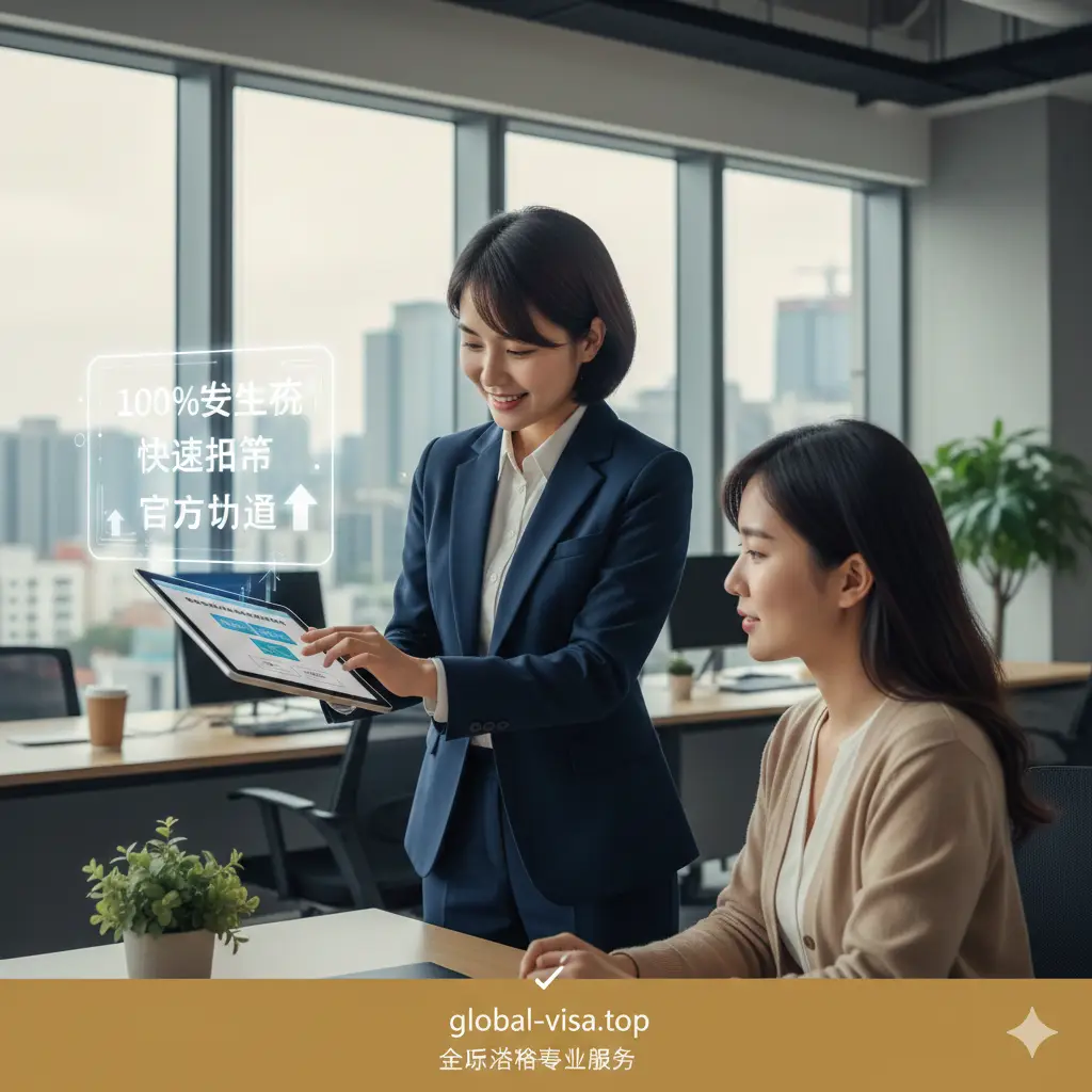 展示专业签证咨询服务的优势图片。一位穿着商务装的专业顾问正在操作平板电脑，向客户解释韩国签证政策。背景是通透的现代办公室，光线充足。画面中融入了‘100%成功率’、‘快速申报’、‘官方渠道’等隐性视觉暗示。构图采用中景镜头，强调人与人之间的信任感和专业度，色调温馨且专业，提升网站的品牌可靠性。